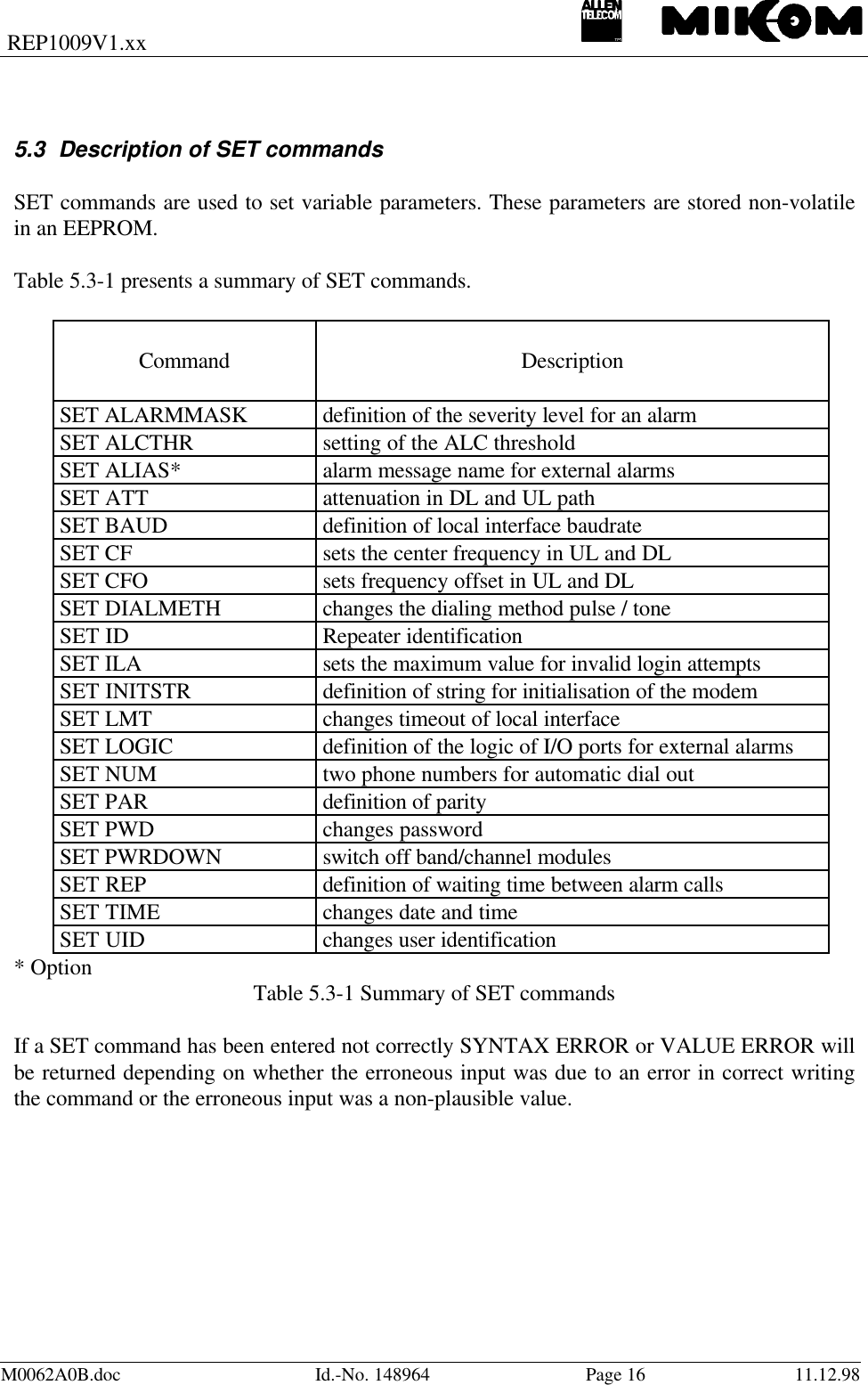 REP1009V1.xxM0062A0B.doc Id.-No. 148964 Page 16 11.12.985.3 Description of SET commandsSET commands are used to set variable parameters. These parameters are stored non-volatilein an EEPROM.Table 5.3-1 presents a summary of SET commands.Command DescriptionSET ALARMMASK definition of the severity level for an alarmSET ALCTHR setting of the ALC thresholdSET ALIAS* alarm message name for external alarmsSET ATT attenuation in DL and UL pathSET BAUD definition of local interface baudrateSET CF sets the center frequency in UL and DLSET CFO sets frequency offset in UL and DLSET DIALMETH changes the dialing method pulse / toneSET ID Repeater identificationSET ILA sets the maximum value for invalid login attemptsSET INITSTR definition of string for initialisation of the modemSET LMT changes timeout of local interfaceSET LOGIC definition of the logic of I/O ports for external alarmsSET NUM two phone numbers for automatic dial outSET PAR definition of paritySET PWD changes passwordSET PWRDOWN switch off band/channel modulesSET REP definition of waiting time between alarm callsSET TIME changes date and timeSET UID changes user identification* Option Table 5.3-1 Summary of SET commandsIf a SET command has been entered not correctly SYNTAX ERROR or VALUE ERROR willbe returned depending on whether the erroneous input was due to an error in correct writingthe command or the erroneous input was a non-plausible value.