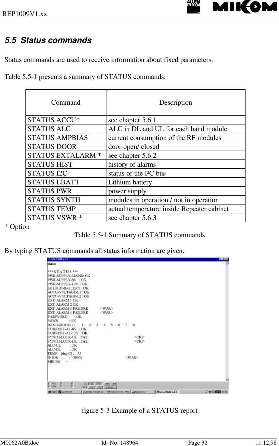 REP1009V1.xxM0062A0B.doc Id.-No. 148964 Page 32 11.12.985.5 Status commandsStatus commands are used to receive information about fixed parameters.Table 5.5-1 presents a summary of STATUS commands.Command DescriptionSTATUS ACCU* see chapter 5.6.1STATUS ALC ALC in DL and UL for each band moduleSTATUS AMPBIAS current consumption of the RF modulesSTATUS DOOR door open/ closedSTATUS EXTALARM * see chapter 5.6.2STATUS HIST history of alarmsSTATUS I2C status of the I²C busSTATUS LBATT Lithium batterySTATUS PWR power supplySTATUS SYNTH modules in operation / not in operationSTATUS TEMP actual temperature inside Repeater cabinetSTATUS VSWR * see chapter 5.6.3* Option Table 5.5-1 Summary of STATUS commandsBy typing STATUS commands all status information are given.figure 5-3 Example of a STATUS report