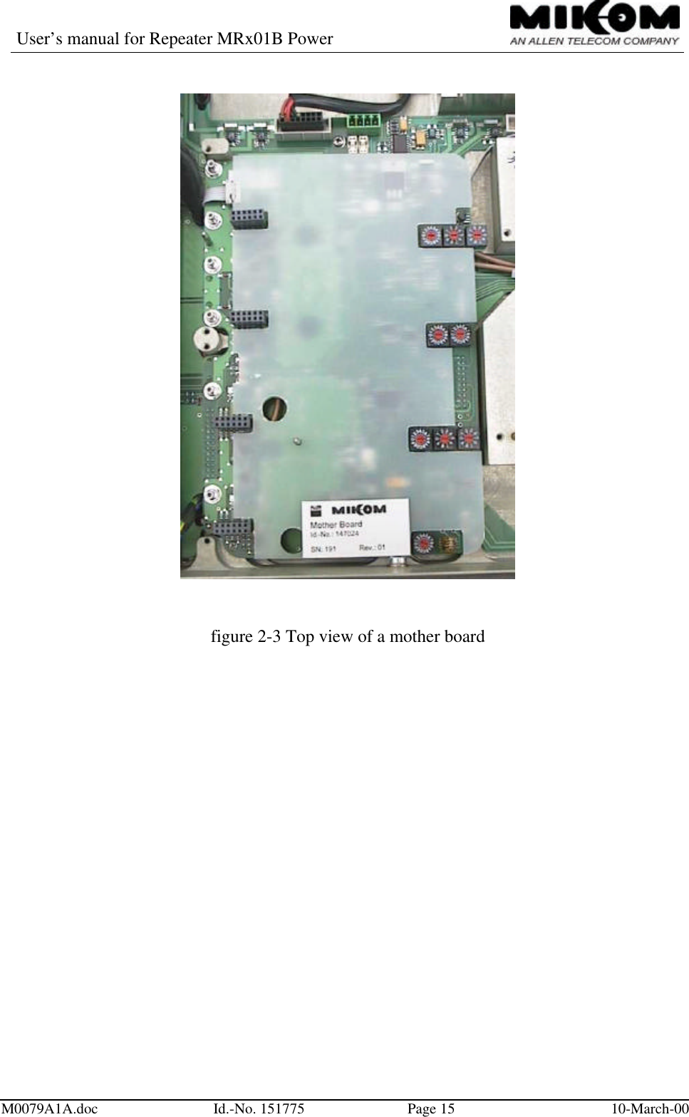 User’s manual for Repeater MRx01B PowerM0079A1A.doc Id.-No. 151775 Page 15 10-March-00figure 2-3 Top view of a mother board