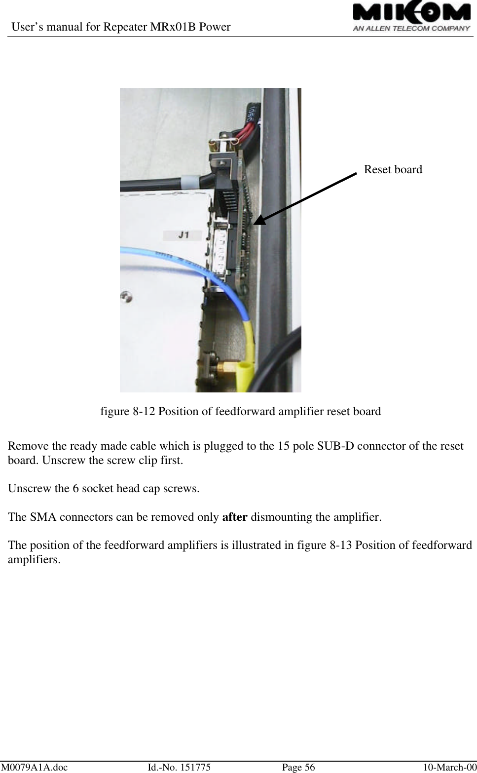 User’s manual for Repeater MRx01B PowerM0079A1A.doc Id.-No. 151775 Page 56 10-March-00figure 8-12 Position of feedforward amplifier reset boardRemove the ready made cable which is plugged to the 15 pole SUB-D connector of the resetboard. Unscrew the screw clip first.Unscrew the 6 socket head cap screws.The SMA connectors can be removed only after dismounting the amplifier.The position of the feedforward amplifiers is illustrated in figure 8-13 Position of feedforwardamplifiers.Reset board