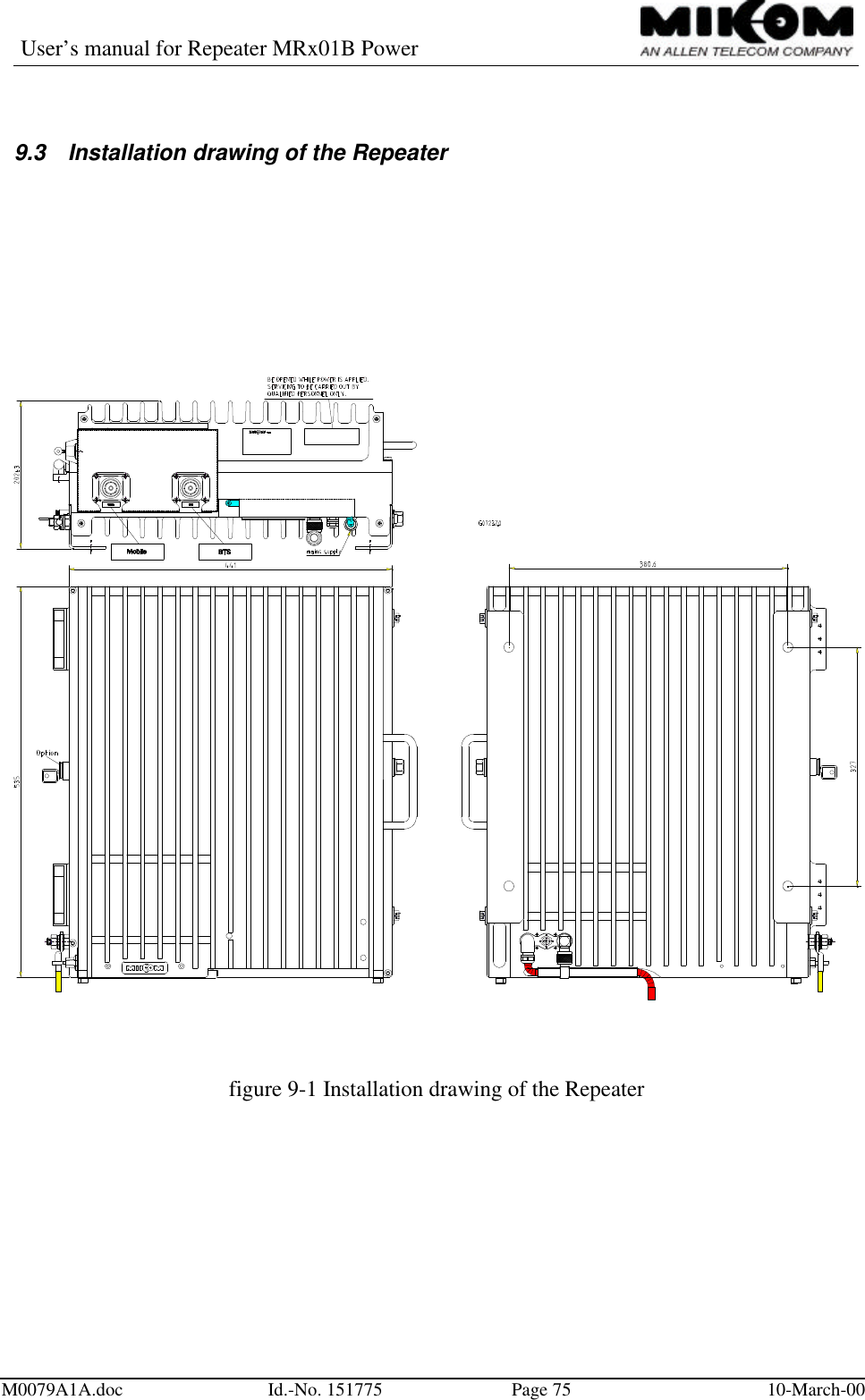 User’s manual for Repeater MRx01B PowerM0079A1A.doc Id.-No. 151775 Page 75 10-March-009.3 Installation drawing of the Repeaterfigure 9-1 Installation drawing of the Repeater