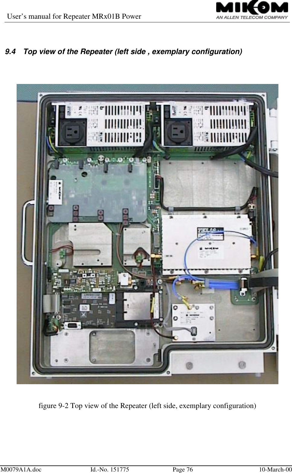 User’s manual for Repeater MRx01B PowerM0079A1A.doc Id.-No. 151775 Page 76 10-March-009.4 Top view of the Repeater (left side , exemplary configuration)figure 9-2 Top view of the Repeater (left side, exemplary configuration)