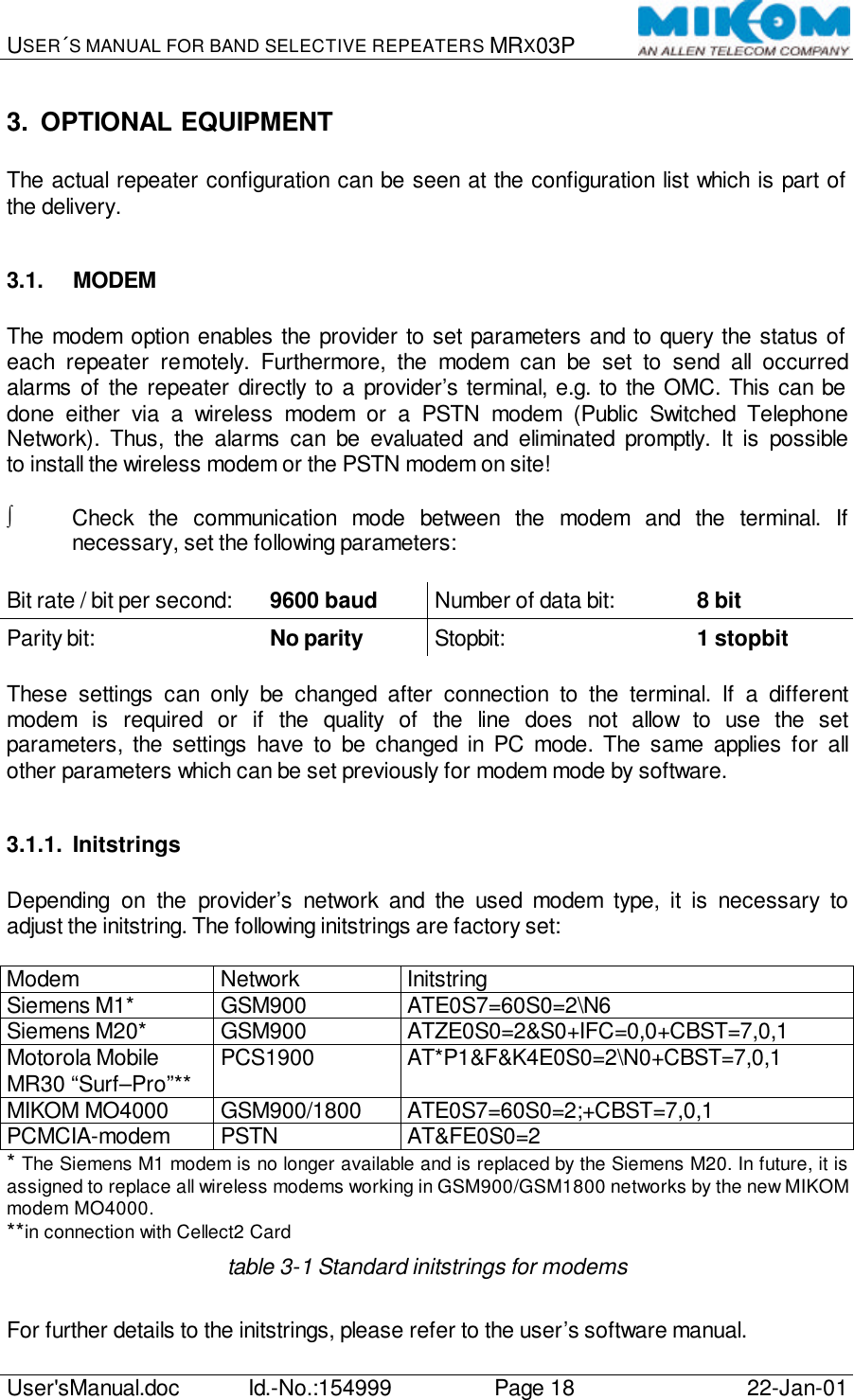 USER´S MANUAL FOR BAND SELECTIVE REPEATERS MRX03P   User&apos;sManual.doc Id.-No.:154999 Page 18 22-Jan-01  3. OPTIONAL EQUIPMENT  The actual repeater configuration can be seen at the configuration list which is part of the delivery.  3.1. MODEM  The modem option enables the provider to set parameters and to query the status of each repeater remotely. Furthermore, the modem can be set to send all occurred alarms of the repeater directly to a provider’s terminal, e.g. to the OMC. This can be done either via a wireless modem or a PSTN modem (Public Switched Telephone Network). Thus, the alarms can be evaluated and eliminated promptly. It is possible to install the wireless modem or the PSTN modem on site!  ∫ Check the communication mode between the modem and the terminal. If necessary, set the following parameters:  Bit rate / bit per second: 9600 baud Number of data bit:    8 bit Parity bit:      No parity Stopbit:   1 stopbit  These settings can only be changed after connection to the terminal. If a different modem is required or if the quality of the line does not allow to use the set parameters, the settings have to be changed in PC mode. The same applies for all other parameters which can be set previously for modem mode by software.  3.1.1. Initstrings  Depending on the provider’s network and the used modem type, it is necessary to adjust the initstring. The following initstrings are factory set:  Modem Network Initstring Siemens M1* GSM900 ATE0S7=60S0=2\N6 Siemens M20* GSM900 ATZE0S0=2&amp;S0+IFC=0,0+CBST=7,0,1 Motorola Mobile MR30 “Surf–Pro”** PCS1900 AT*P1&amp;F&amp;K4E0S0=2\N0+CBST=7,0,1 MIKOM MO4000 GSM900/1800 ATE0S7=60S0=2;+CBST=7,0,1 PCMCIA-modem PSTN AT&amp;FE0S0=2 * The Siemens M1 modem is no longer available and is replaced by the Siemens M20. In future, it is assigned to replace all wireless modems working in GSM900/GSM1800 networks by the new MIKOM modem MO4000. **in connection with Cellect2 Card table 3-1 Standard initstrings for modems  For further details to the initstrings, please refer to the user’s software manual. 