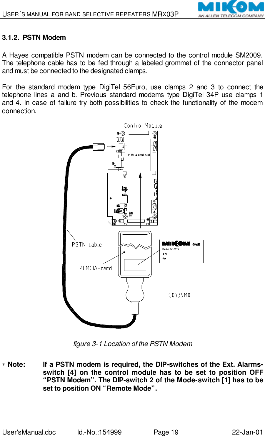 USER´S MANUAL FOR BAND SELECTIVE REPEATERS MRX03P   User&apos;sManual.doc Id.-No.:154999 Page 19 22-Jan-01  3.1.2. PSTN Modem  A Hayes compatible PSTN modem can be connected to the control module SM2009. The telephone cable has to be fed through a labeled grommet of the connector panel and must be connected to the designated clamps.  For the standard modem type DigiTel 56Euro, use clamps 2 and 3 to connect the telephone lines a and b. Previous standard modems type DigiTel 34P use clamps 1 and 4. In case of failure try both possibilities to check the functionality of the modem connection.    figure 3-1 Location of the PSTN Modem  ∗ Note: If a PSTN modem is required, the DIP-switches of the Ext. Alarms-switch [4] on the control module has to be set to position OFF “PSTN Modem”. The DIP-switch 2 of the Mode-switch [1] has to be set to position ON “Remote Mode”.   