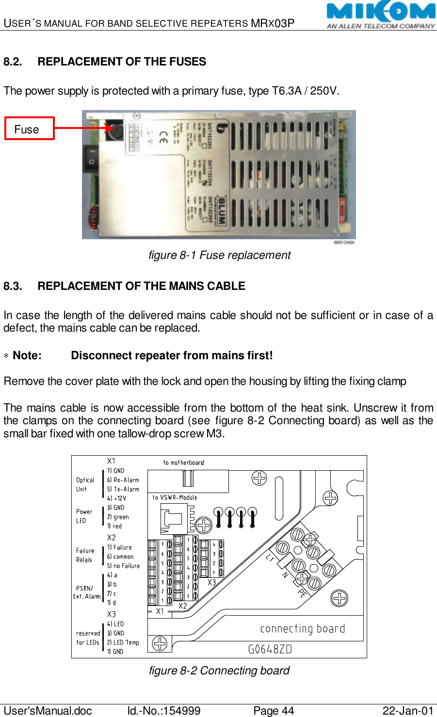 USER´S MANUAL FOR BAND SELECTIVE REPEATERS MRX03P   User&apos;sManual.doc Id.-No.:154999 Page 44 22-Jan-01  8.2. REPLACEMENT OF THE FUSES  The power supply is protected with a primary fuse, type T6.3A / 250V.   figure 8-1 Fuse replacement 8.3. REPLACEMENT OF THE MAINS CABLE  In case the length of the delivered mains cable should not be sufficient or in case of a defect, the mains cable can be replaced.  ∗ Note: Disconnect repeater from mains first!  Remove the cover plate with the lock and open the housing by lifting the fixing clamp   The mains cable is now accessible from the bottom of the heat sink. Unscrew it from the clamps on the connecting board (see figure 8-2 Connecting board) as well as the small bar fixed with one tallow-drop screw M3.   figure 8-2 Connecting board Fuse 