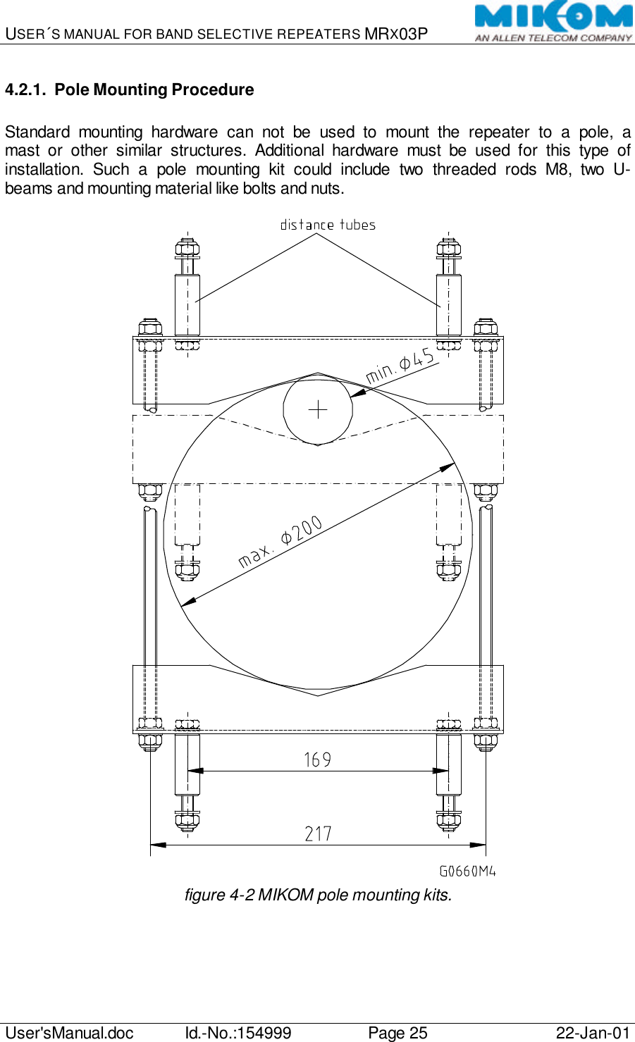 USER´S MANUAL FOR BAND SELECTIVE REPEATERS MRX03P   User&apos;sManual.doc Id.-No.:154999 Page 25 22-Jan-01  4.2.1. Pole Mounting Procedure  Standard mounting hardware can not be used to mount the repeater to a pole, a mast or other similar structures. Additional hardware must be used for this type of installation. Such a pole mounting kit could include two threaded rods M8, two U-beams and mounting material like bolts and nuts.   figure 4-2 MIKOM pole mounting kits.  