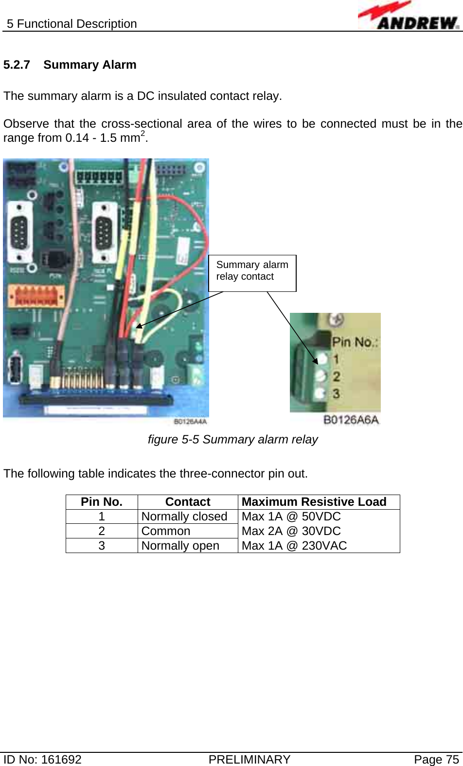 5 Functional Description  ID No: 161692  PRELIMINARY  Page 75 5.2.7 Summary Alarm  The summary alarm is a DC insulated contact relay.   Observe that the cross-sectional area of the wires to be connected must be in the range from 0.14 - 1.5 mm2.        figure 5-5 Summary alarm relay  The following table indicates the three-connector pin out.   Pin No.  Contact  Maximum Resistive Load 1  Normally closed  Max 1A @ 50VDC 2  Common  Max 2A @ 30VDC 3  Normally open  Max 1A @ 230VAC  Summary alarmrelay contact 