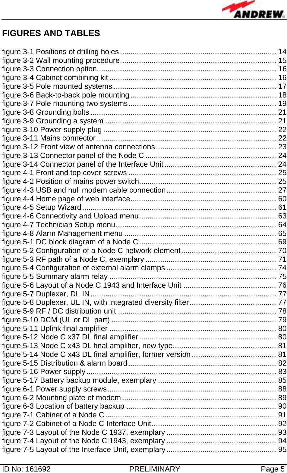   ID No: 161692  PRELIMINARY  Page 5 FIGURES AND TABLES  figure 3-1 Positions of drilling holes.......................................................................... 14 figure 3-2 Wall mounting procedure.......................................................................... 15 figure 3-3 Connection option..................................................................................... 16 figure 3-4 Cabinet combining kit ............................................................................... 16 figure 3-5 Pole mounted systems ............................................................................. 17 figure 3-6 Back-to-back pole mounting ..................................................................... 18 figure 3-7 Pole mounting two systems...................................................................... 19 figure 3-8 Grounding bolts ........................................................................................ 21 figure 3-9 Grounding a system ................................................................................. 21 figure 3-10 Power supply plug .................................................................................. 22 figure 3-11 Mains connector ..................................................................................... 22 figure 3-12 Front view of antenna connections......................................................... 23 figure 3-13 Connector panel of the Node C .............................................................. 24 figure 3-14 Connector panel of the Interface Unit..................................................... 24 figure 4-1 Front and top cover screws ...................................................................... 25 figure 4-2 Position of mains power switch................................................................. 25 figure 4-3 USB and null modem cable connection.................................................... 27 figure 4-4 Home page of web interface..................................................................... 60 figure 4-5 Setup Wizard............................................................................................ 61 figure 4-6 Connectivity and Upload menu................................................................. 63 figure 4-7 Technician Setup menu............................................................................ 64 figure 4-8 Alarm Management menu ........................................................................ 65 figure 5-1 DC block diagram of a Node C................................................................. 69 figure 5-2 Configuration of a Node C network element............................................. 70 figure 5-3 RF path of a Node C, exemplary .............................................................. 71 figure 5-4 Configuration of external alarm clamps .................................................... 74 figure 5-5 Summary alarm relay ............................................................................... 75 figure 5-6 Layout of a Node C 1943 and Interface Unit ............................................ 76 figure 5-7 Duplexer, DL IN........................................................................................ 77 figure 5-8 Duplexer, UL IN, with integrated diversity filter......................................... 77 figure 5-9 RF / DC distribution unit ........................................................................... 78 figure 5-10 DCM (UL or DL part) .............................................................................. 79 figure 5-11 Uplink final amplifier ............................................................................... 80 figure 5-12 Node C x37 DL final amplifier................................................................. 80 figure 5-13 Node C x43 DL final amplifier, new type................................................. 81 figure 5-14 Node C x43 DL final amplifier, former version........................................ 81 figure 5-15 Distribution &amp; alarm board...................................................................... 82 figure 5-16 Power supply.......................................................................................... 83 figure 5-17 Battery backup module, exemplary ........................................................ 85 figure 6-1 Power supply screws................................................................................ 88 figure 6-2 Mounting plate of modem......................................................................... 89 figure 6-3 Location of battery backup ....................................................................... 90 figure 7-1 Cabinet of a Node C................................................................................. 91 figure 7-2 Cabinet of a Node C Interface Unit........................................................... 92 figure 7-3 Layout of the Node C 1937, exemplary .................................................... 93 figure 7-4 Layout of the Node C 1943, exemplary .................................................... 94 figure 7-5 Layout of the Interface Unit, exemplary.................................................... 95 