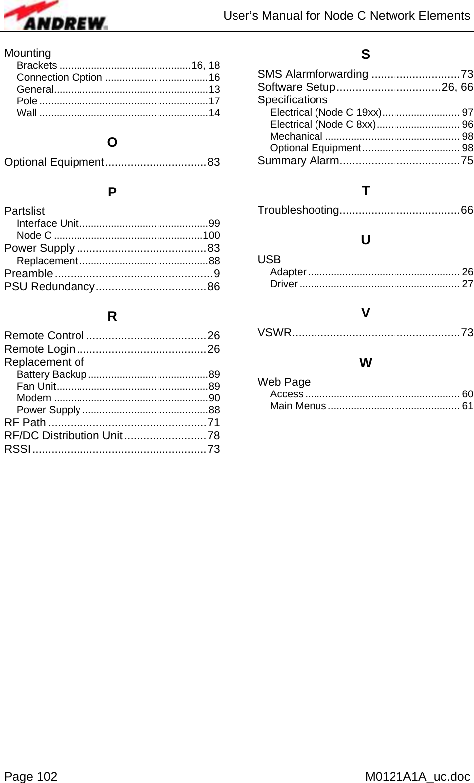  User’s Manual for Node C Network Elements Page 102   M0121A1A_uc.doc Mounting Brackets ..............................................16, 18 Connection Option ....................................16 General......................................................13 Pole ...........................................................17 Wall ...........................................................14 O Optional Equipment................................83 P Partslist Interface Unit.............................................99 Node C ....................................................100 Power Supply .........................................83 Replacement .............................................88 Preamble..................................................9 PSU Redundancy...................................86 R Remote Control ......................................26 Remote Login.........................................26 Replacement of Battery Backup..........................................89 Fan Unit.....................................................89 Modem ......................................................90 Power Supply ............................................88 RF Path ..................................................71 RF/DC Distribution Unit..........................78 RSSI.......................................................73 S SMS Alarmforwarding ............................73 Software Setup.................................26, 66 Specifications Electrical (Node C 19xx)........................... 97 Electrical (Node C 8xx)............................. 96 Mechanical ............................................... 98 Optional Equipment.................................. 98 Summary Alarm......................................75 T Troubleshooting......................................66 U USB Adapter ..................................................... 26 Driver ........................................................ 27 V VSWR.....................................................73 W Web Page Access ...................................................... 60 Main Menus.............................................. 61   