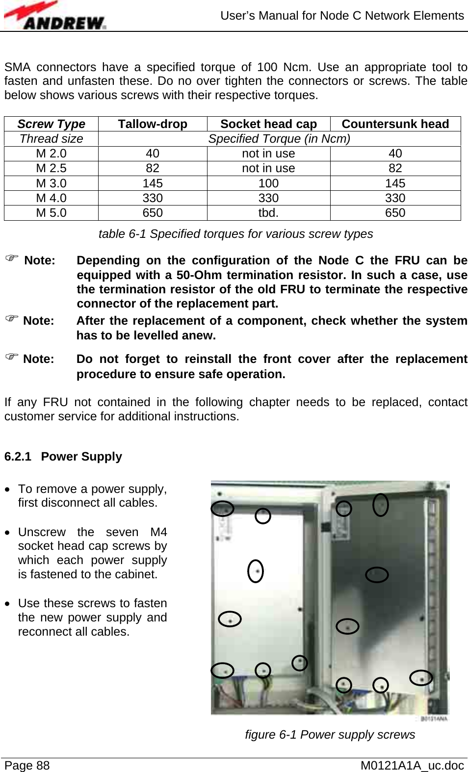  User’s Manual for Node C Network Elements Page 88   M0121A1A_uc.doc  SMA connectors have a specified torque of 100 Ncm. Use an appropriate tool to fasten and unfasten these. Do no over tighten the connectors or screws. The table below shows various screws with their respective torques.  Screw Type  Tallow-drop  Socket head cap  Countersunk head Thread size  Specified Torque (in Ncm) M 2.0  40  not in use  40 M 2.5  82  not in use  82 M 3.0  145  100  145 M 4.0  330  330  330 M 5.0  650  tbd.  650 table 6-1 Specified torques for various screw types ) Note:  Depending on the configuration of the Node C the FRU can be equipped with a 50-Ohm termination resistor. In such a case, use the termination resistor of the old FRU to terminate the respective connector of the replacement part. ) Note:  After the replacement of a component, check whether the system has to be levelled anew. ) Note: Do not forget to reinstall the front cover after the replacement procedure to ensure safe operation.   If any FRU not contained in the following chapter needs to be replaced, contact customer service for additional instructions.  6.2.1 Power Supply  •  To remove a power supply, first disconnect all cables.  • Unscrew the seven M4 socket head cap screws by which each power supply is fastened to the cabinet.  •  Use these screws to fasten the new power supply and reconnect all cables.     figure 6-1 Power supply screws 