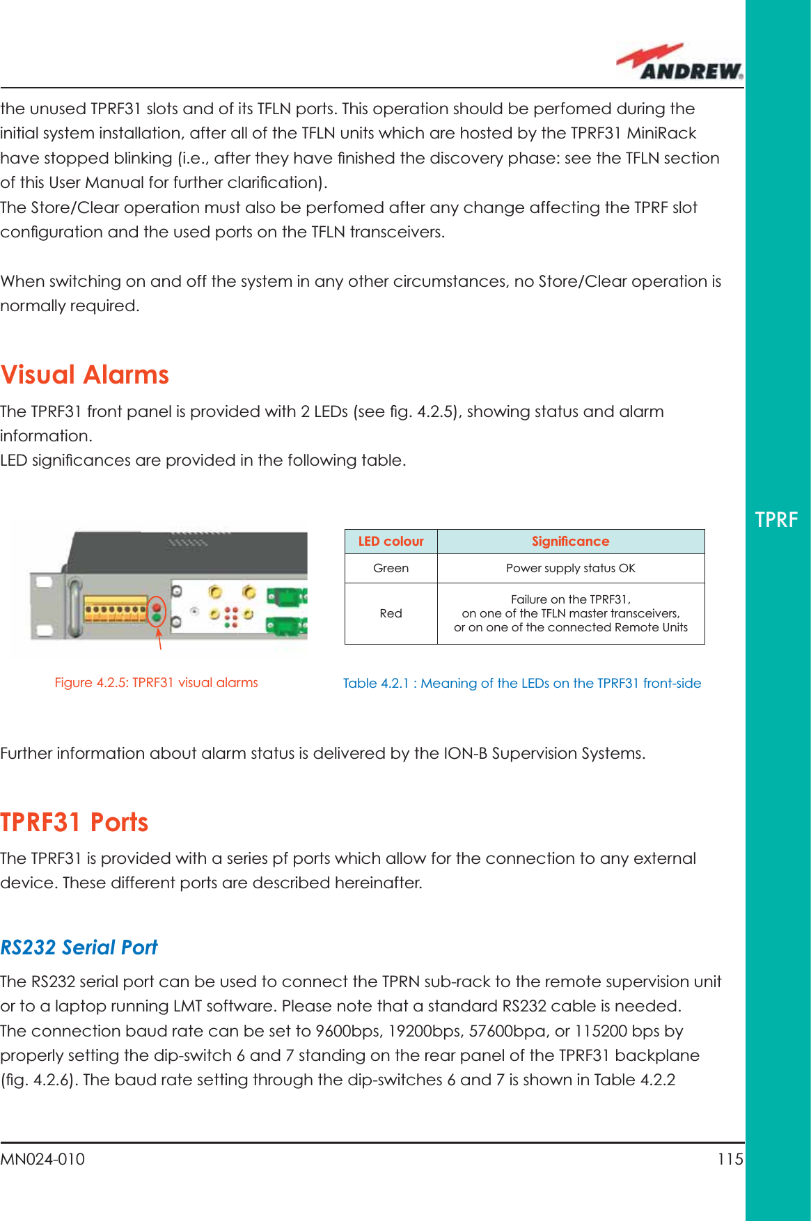 115MN024-010TPRFFurther information about alarm status is delivered by the ION-B Supervision Systems.TPRF31 PortsThe TPRF31 is provided with a series pf ports which allow for the connection to any external device. These different ports are described hereinafter.RS232 Serial PortThe RS232 serial port can be used to connect the TPRN sub-rack to the remote supervision unit or to a laptop running LMT software. Please note that a standard RS232 cable is needed.The connection baud rate can be set to 9600bps, 19200bps, 57600bpa, or 115200 bps by properly setting the dip-switch 6 and 7 standing on the rear panel of the TPRF31 backplane (ﬁ g. 4.2.6). The baud rate setting through the dip-switches 6 and 7 is shown in Table 4.2.2the unused TPRF31 slots and of its TFLN ports. This operation should be perfomed during the initial system installation, after all of the TFLN units which are hosted by the TPRF31 MiniRack have stopped blinking (i.e., after they have ﬁ nished the discovery phase: see the TFLN section of this User Manual for further clariﬁ cation).The Store/Clear operation must also be perfomed after any change affecting the TPRF slot conﬁ guration and the used ports on the TFLN transceivers.When switching on and off the system in any other circumstances, no Store/Clear operation is normally required.Visual AlarmsThe TPRF31 front panel is provided with 2 LEDs (see ﬁ g. 4.2.5), showing status and alarm information.LED signiﬁ cances are provided in the following table.LED colour Signiﬁ canceGreen Power supply status OKRedFailure on the TPRF31, on one of the TFLN master transceivers, or on one of the connected Remote UnitsFigure 4.2.5: TPRF31 visual alarms Table 4.2.1 : Meaning of the LEDs on the TPRF31 front-side