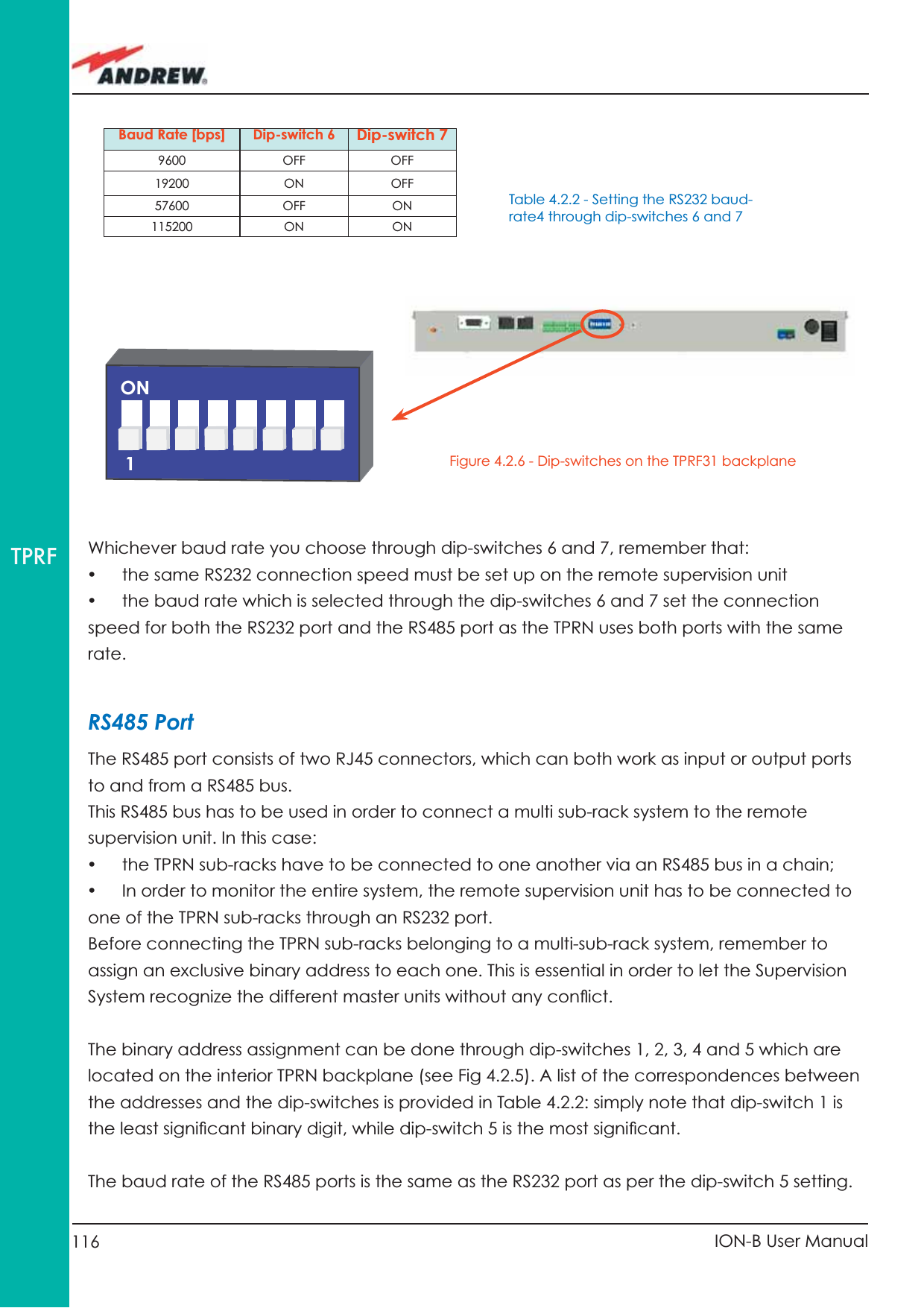 116 ION-B User ManualTPRF Whichever baud rate you choose through dip-switches 6 and 7, remember that:•  the same RS232 connection speed must be set up on the remote supervision unit•  the baud rate which is selected through the dip-switches 6 and 7 set the connection speed for both the RS232 port and the RS485 port as the TPRN uses both ports with the same rate.RS485 PortThe RS485 port consists of two RJ45 connectors, which can both work as input or output ports to and from a RS485 bus.This RS485 bus has to be used in order to connect a multi sub-rack system to the remote supervision unit. In this case:•  the TPRN sub-racks have to be connected to one another via an RS485 bus in a chain;•  In order to monitor the entire system, the remote supervision unit has to be connected to one of the TPRN sub-racks through an RS232 port.Before connecting the TPRN sub-racks belonging to a multi-sub-rack system, remember to assign an exclusive binary address to each one. This is essential in order to let the Supervision System recognize the different master units without any conﬂ ict.The binary address assignment can be done through dip-switches 1, 2, 3, 4 and 5 which are located on the interior TPRN backplane (see Fig 4.2.5). A list of the correspondences between the addresses and the dip-switches is provided in Table 4.2.2: simply note that dip-switch 1 is the least signiﬁ cant binary digit, while dip-switch 5 is the most signiﬁ cant.The baud rate of the RS485 ports is the same as the RS232 port as per the dip-switch 5 setting.Figure 4.2.6 - Dip-switches on the TPRF31 backplaneBaud Rate [bps]  Dip-switch 6  Dip-switch 7 9600 OFF OFF 19200 ON OFF57600 OFF ON115200 ON ONTable 4.2.2 - Setting the RS232 baud-rate4 through dip-switches 6 and 71ON