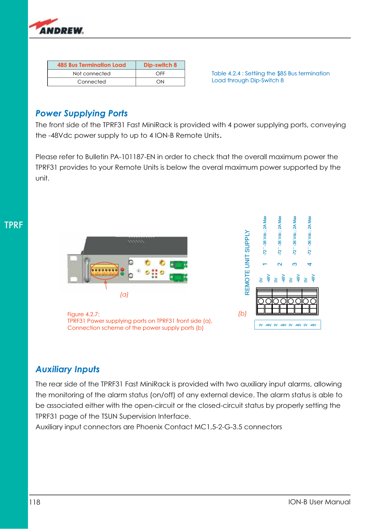 118 ION-B User ManualTPRF485 Bus Termination Load  Dip-switch 8 Not connected OFF Connected ON Table 4.2.4 : Settiing the $85 Bus termination Load through Dip-Switch 8Power Supplying PortsThe front side of the TPRF31 Fast MiniRack is provided with 4 power supplying ports, conveying the -48Vdc power supply to up to 4 ION-B Remote Units.Please refer to Bulletin PA-101187-EN in order to check that the overall maximum power the TPRF31 provides to your Remote Units is below the overal maximum power supported by the unit.Figure 4.2.7: TPRF31 Power supplying ports on TPRF31 front side (a), Connection scheme of the power supply ports (b) 0V -48V 0V -48V 0V -48V 0V -48V1234-72 ˜ -36 Vdc ; 2A Max-72 ˜ -36 Vdc ; 2A Max-72 ˜ -36 Vdc ; 2A Max-72 ˜ -36 Vdc ; 2A MaxREMOTE UNIT SUPPLY0V-48V0V-48V0V-48V0V-48V(a)(b)Auxiliary InputsThe rear side of the TPRF31 Fast MiniRack is provided with two auxiliary input alarms, allowing the monitoring of the alarm status (on/off) of any external device. The alarm status is able to be associated either with the open-circuit or the closed-circuit status by properly setting the TPRF31 page of the TSUN Supervision Interface.Auxiliary input connectors are Phoenix Contact MC1,5-2-G-3.5 connectors 