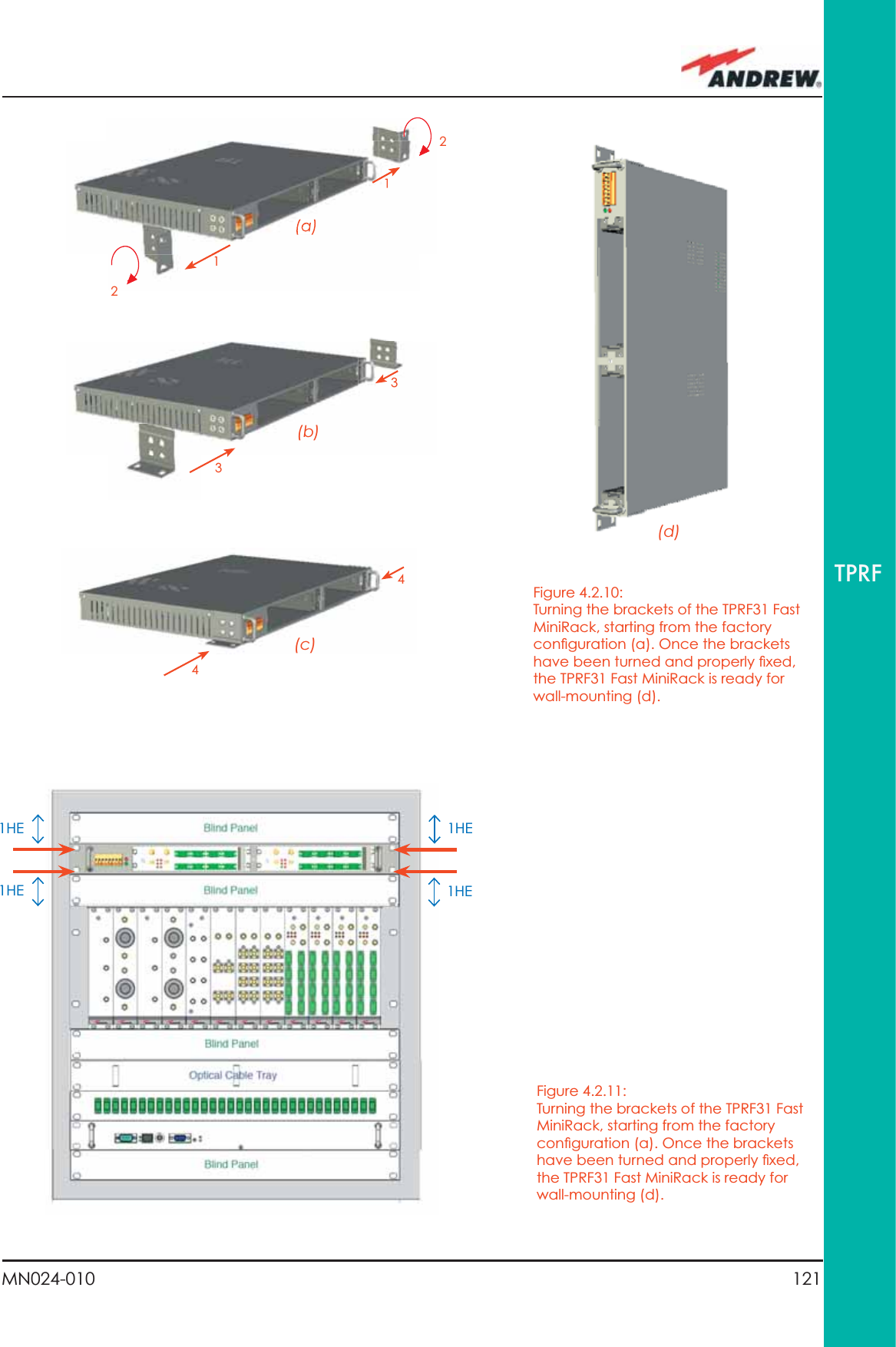 121MN024-010TPRF(d)Figure 4.2.10:Turning the brackets of the TPRF31 Fast MiniRack, starting from the factory conﬁ guration (a). Once the brackets have been turned and properly ﬁ xed, the TPRF31 Fast MiniRack is ready for wall-mounting (d). (b)33(c)44Figure 4.2.11:Turning the brackets of the TPRF31 Fast MiniRack, starting from the factory conﬁ guration (a). Once the brackets have been turned and properly ﬁ xed, the TPRF31 Fast MiniRack is ready for wall-mounting (d). (a)11221HE1HE1HE 1HE