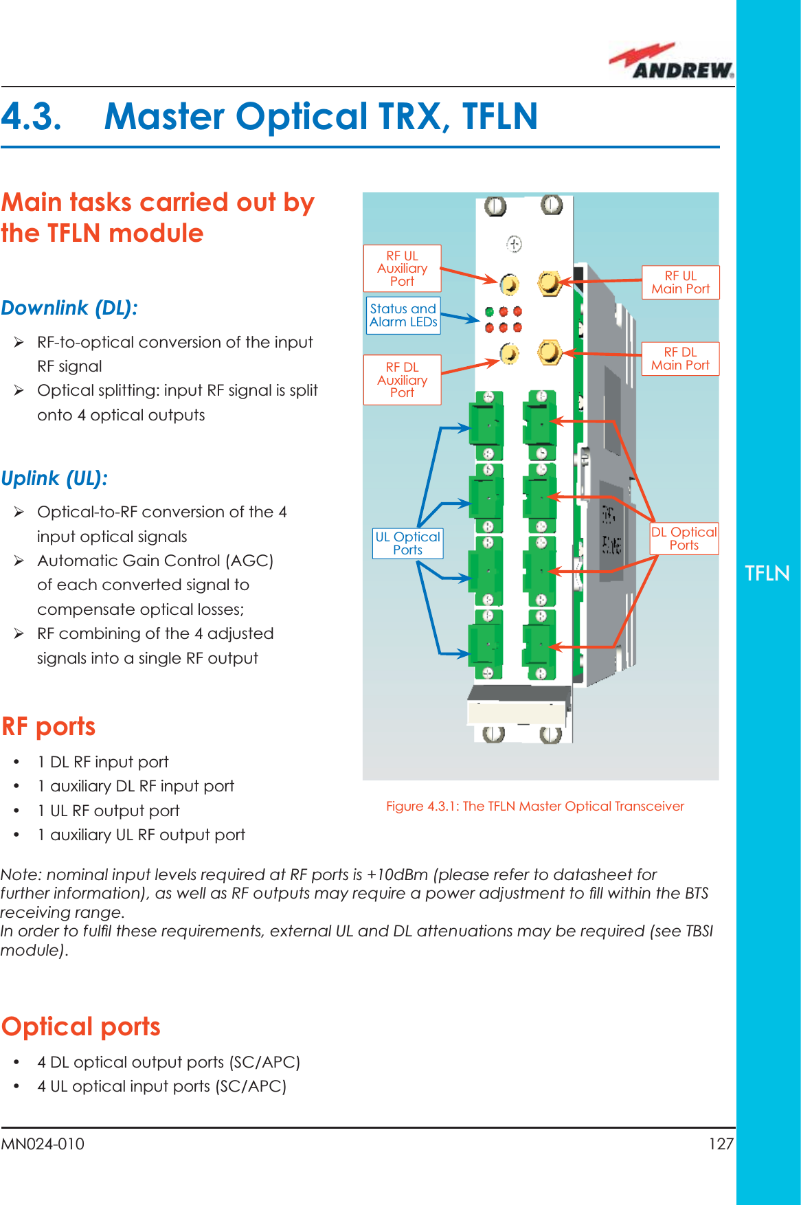 127MN024-010TFLNMain tasks carried out by the TFLN moduleDownlink (DL):ÿ RF-to-optical conversion of the input RF signalÿ Optical splitting: input RF signal is split onto 4 optical outputsUplink (UL):ÿ Optical-to-RF conversion of the 4 input optical signalsÿ Automatic Gain Control (AGC) of each converted signal to compensate optical losses;ÿ RF combining of the 4 adjusted signals into a single RF outputRF ports•  1 DL RF input port •  1 auxiliary DL RF input port•  1 UL RF output port•  1 auxiliary UL RF output portNote: nominal input levels required at RF ports is +10dBm (please refer to datasheet for further information), as well as RF outputs may require a power adjustment to ﬁ ll within the BTS receiving range.In order to fulﬁ l these requirements, external UL and DL attenuations may be required (see TBSI module).Optical ports•  4 DL optical output ports (SC/APC)•  4 UL optical input ports (SC/APC) 4.3.  Master Optical TRX, TFLNDL OpticalPortsUL Optical PortsRF ULAuxiliary PortFigure 4.3.1: The TFLN Master Optical TransceiverStatus and Alarm LEDsRF DLAuxiliary PortRF ULMain PortRF DLMain Port