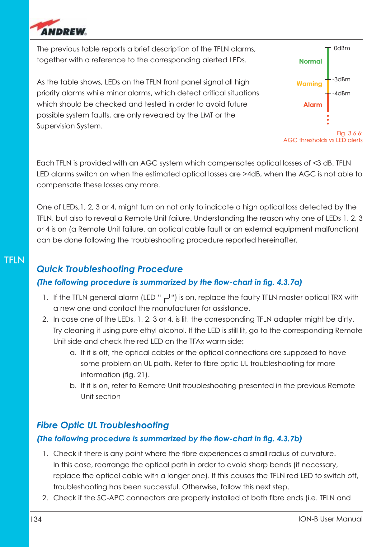 134 ION-B User ManualTFLNEach TFLN is provided with an AGC system which compensates optical losses of &lt;3 dB. TFLN LED alarms switch on when the estimated optical losses are &gt;4dB, when the AGC is not able to compensate these losses any more.One of LEDs,1, 2, 3 or 4, might turn on not only to indicate a high optical loss detected by the TFLN, but also to reveal a Remote Unit failure. Understanding the reason why one of LEDs 1, 2, 3 or 4 is on (a Remote Unit failure, an optical cable fault or an external equipment malfunction) can be done following the troubleshooting procedure reported hereinafter.Quick Troubleshooting Procedure(The following procedure is summarized by the ﬂ ow-chart in ﬁ g. 4.3.7a)1.  If the TFLN general alarm (LED “     “) is on, replace the faulty TFLN master optical TRX with a new one and contact the manufacturer for assistance.2.  In case one of the LEDs, 1, 2, 3 or 4, is lit, the corresponding TFLN adapter might be dirty. Try cleaning it using pure ethyl alcohol. If the LED is still lit, go to the corresponding Remote Unit side and check the red LED on the TFAx warm side:a.  If it is off, the optical cables or the optical connections are supposed to have some problem on UL path. Refer to ﬁ bre optic UL troubleshooting for more information (ﬁ g. 21).b.  If it is on, refer to Remote Unit troubleshooting presented in the previous Remote Unit sectionFibre Optic UL Troubleshooting(The following procedure is summarized by the ﬂ ow-chart in ﬁ g. 4.3.7b)1.  Check if there is any point where the ﬁ bre experiences a small radius of curvature. In this case, rearrange the optical path in order to avoid sharp bends (if necessary, replace the optical cable with a longer one). If this causes the TFLN red LED to switch off, troubleshooting has been successful. Otherwise, follow this next step.2.  Check if the SC-APC connectors are properly installed at both ﬁ bre ends (i.e. TFLN and Fig. 3.6.6: AGC thresholds vs LED alerts0dBm-3dBm-4dBmNormalWarningAlarmThe previous table reports a brief description of the TFLN alarms, together with a reference to the corresponding alerted LEDs.As the table shows, LEDs on the TFLN front panel signal all high priority alarms while minor alarms, which detect critical situations which should be checked and tested in order to avoid future possible system faults, are only revealed by the LMT or the Supervision System.