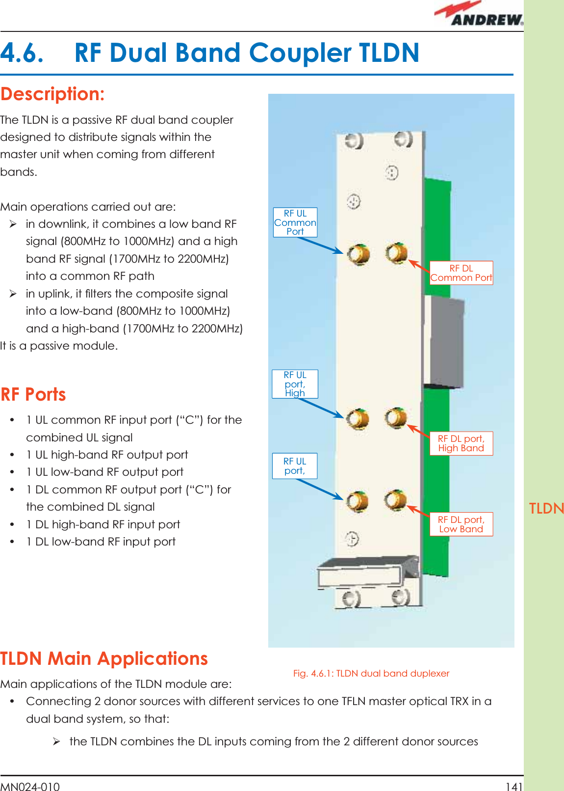 141MN024-010TLDN4.6.  RF Dual Band Coupler TLDN Description:The TLDN is a passive RF dual band coupler designed to distribute signals within the master unit when coming from different bands.Main operations carried out are:ÿ  in downlink, it combines a low band RF signal (800MHz to 1000MHz) and a high band RF signal (1700MHz to 2200MHz) into a common RF path ÿ  in uplink, it ﬁ lters the composite signal into a low-band (800MHz to 1000MHz) and a high-band (1700MHz to 2200MHz) It is a passive module.RF Ports•  1 UL common RF input port (“C”) for the combined UL signal•  1 UL high-band RF output port•  1 UL low-band RF output port•  1 DL common RF output port (“C”) for the combined DL signal•  1 DL high-band RF input port•  1 DL low-band RF input portTLDN Main ApplicationsMain applications of the TLDN module are:•  Connecting 2 donor sources with different services to one TFLN master optical TRX in a dual band system, so that:ÿ  the TLDN combines the DL inputs coming from the 2 different donor sources RF DL port,High BandRF DL port,Low BandRF DLCommon PortRF UL port,High RF ULCommon PortRF UL port,Fig. 4.6.1: TLDN dual band duplexer