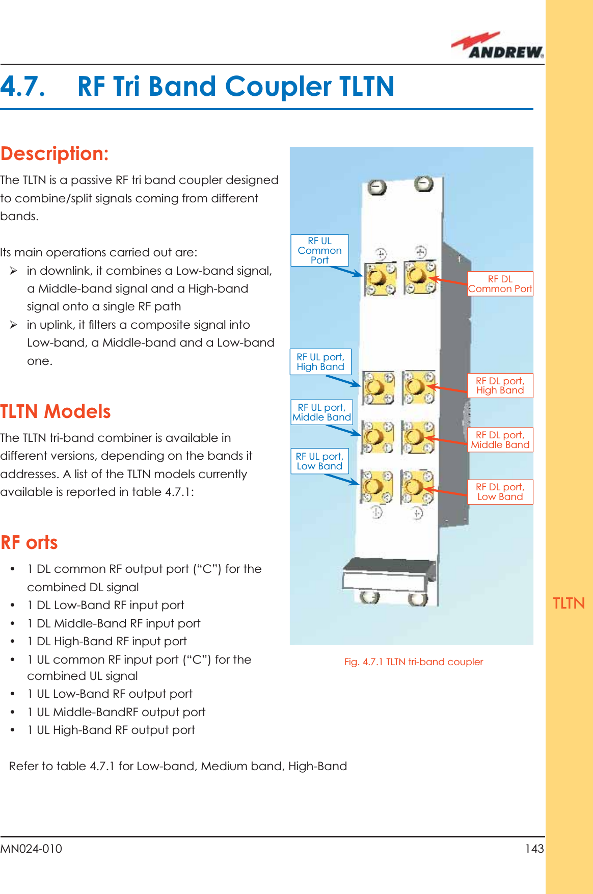 143MN024-010TLTN4.7.   RF Tri Band Coupler TLTNDescription:The TLTN is a passive RF tri band coupler designed to combine/split signals coming from different bands. Its main operations carried out are:ÿ  in downlink, it combines a Low-band signal, a Middle-band signal and a High-band signal onto a single RF path ÿ  in uplink, it ﬁ lters a composite signal into Low-band, a Middle-band and a Low-band one.TLTN ModelsThe TLTN tri-band combiner is available in different versions, depending on the bands it addresses. A list of the TLTN models currently available is reported in table 4.7.1:RF orts•  1 DL common RF output port (“C”) for the combined DL signal•  1 DL Low-Band RF input port•  1 DL Middle-Band RF input port•  1 DL High-Band RF input port•  1 UL common RF input port (“C”) for the combined UL signal•  1 UL Low-Band RF output port•  1 UL Middle-BandRF output port•  1 UL High-Band RF output portRefer to table 4.7.1 for Low-band, Medium band, High-Band RF DLCommon PortRF DL port,Middle BandRF DL port,High BandRF DL port,Low BandFig. 4.7.1 TLTN tri-band couplerRF UL port,Middle BandRF UL port,High BandRF UL port,Low BandRF ULCommon Port