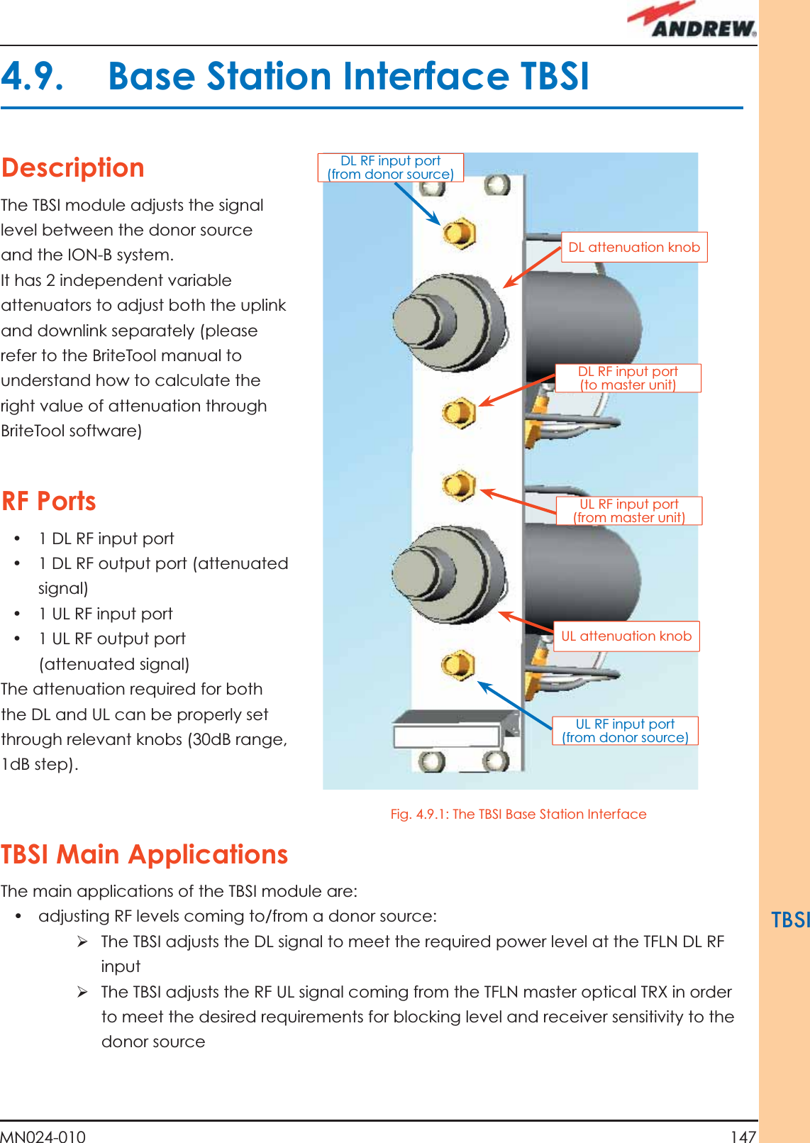 147MN024-010TBSIDescriptionThe TBSI module adjusts the signal level between the donor source and the ION-B system.It has 2 independent variable attenuators to adjust both the uplink and downlink separately (please refer to the BriteTool manual to understand how to calculate the right value of attenuation through BriteTool software)RF Ports•  1 DL RF input port •  1 DL RF output port (attenuated signal)•  1 UL RF input port•  1 UL RF output port  (attenuated signal)The attenuation required for both the DL and UL can be properly set through relevant knobs (30dB range, 1dB step).TBSI Main ApplicationsThe main applications of the TBSI module are:•  adjusting RF levels coming to/from a donor source:ÿ  The TBSI adjusts the DL signal to meet the required power level at the TFLN DL RF inputÿ  The TBSI adjusts the RF UL signal coming from the TFLN master optical TRX in order to meet the desired requirements for blocking level and receiver sensitivity to the donor source4.9.  Base Station Interface TBSIDL RF input port (from donor source)UL RF input port (from donor source)DL RF input port (to master unit)DL attenuation knob UL RF input port (from master unit)Fig. 4.9.1: The TBSI Base Station InterfaceUL attenuation knob 