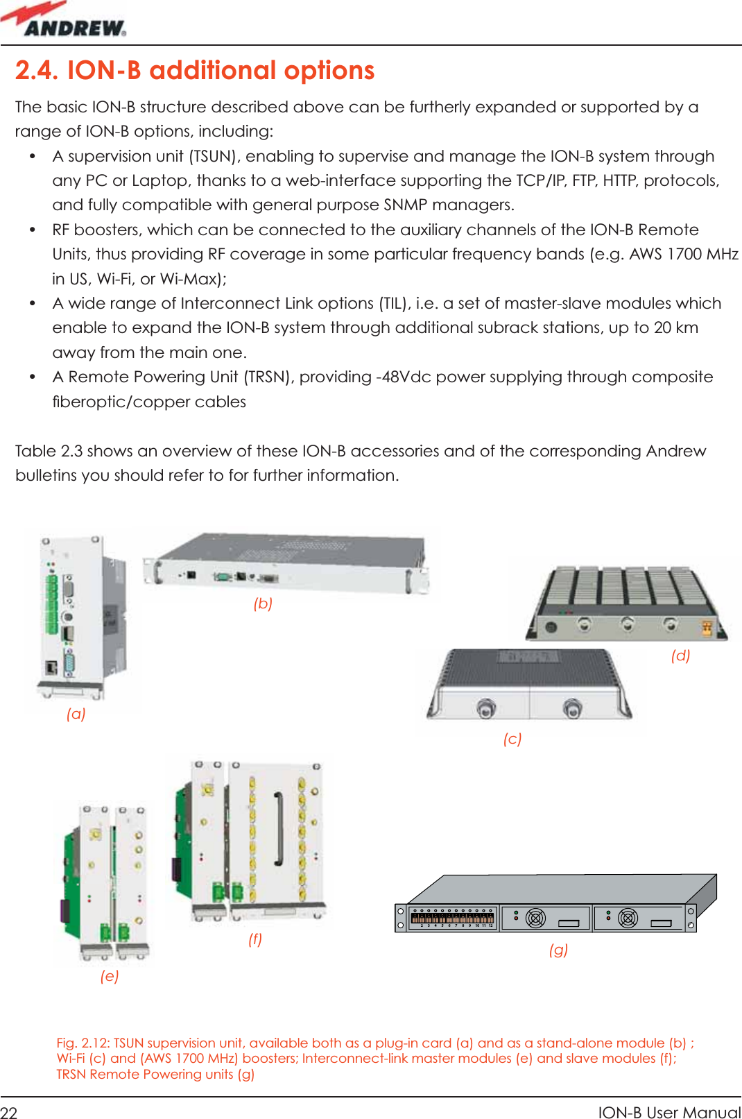 22 ION-B User ManualFig. 2.12: TSUN supervision unit, available both as a plug-in card (a) and as a stand-alone module (b) ; Wi-Fi (c) and (AWS 1700 MHz) boosters; Interconnect-link master modules (e) and slave modules (f); TRSN Remote Powering units (g)   (a)(b)(c)(d)(e)(f) (g)2.4. ION-B additional optionsThe basic ION-B structure described above can be furtherly expanded or supported by a range of ION-B options, including:•  A supervision unit (TSUN), enabling to supervise and manage the ION-B system through any PC or Laptop, thanks to a web-interface supporting the TCP/IP, FTP, HTTP, protocols, and fully compatible with general purpose SNMP managers.•  RF boosters, which can be connected to the auxiliary channels of the ION-B Remote Units, thus providing RF coverage in some particular frequency bands (e.g. AWS 1700 MHz in US, Wi-Fi, or Wi-Max);•  A wide range of Interconnect Link options (TIL), i.e. a set of master-slave modules which enable to expand the ION-B system through additional subrack stations, up to 20 km away from the main one.•  A Remote Powering Unit (TRSN), providing -48Vdc power supplying through composite ﬁ beroptic/copper cablesTable 2.3 shows an overview of these ION-B accessories and of the corresponding Andrew bulletins you should refer to for further information.