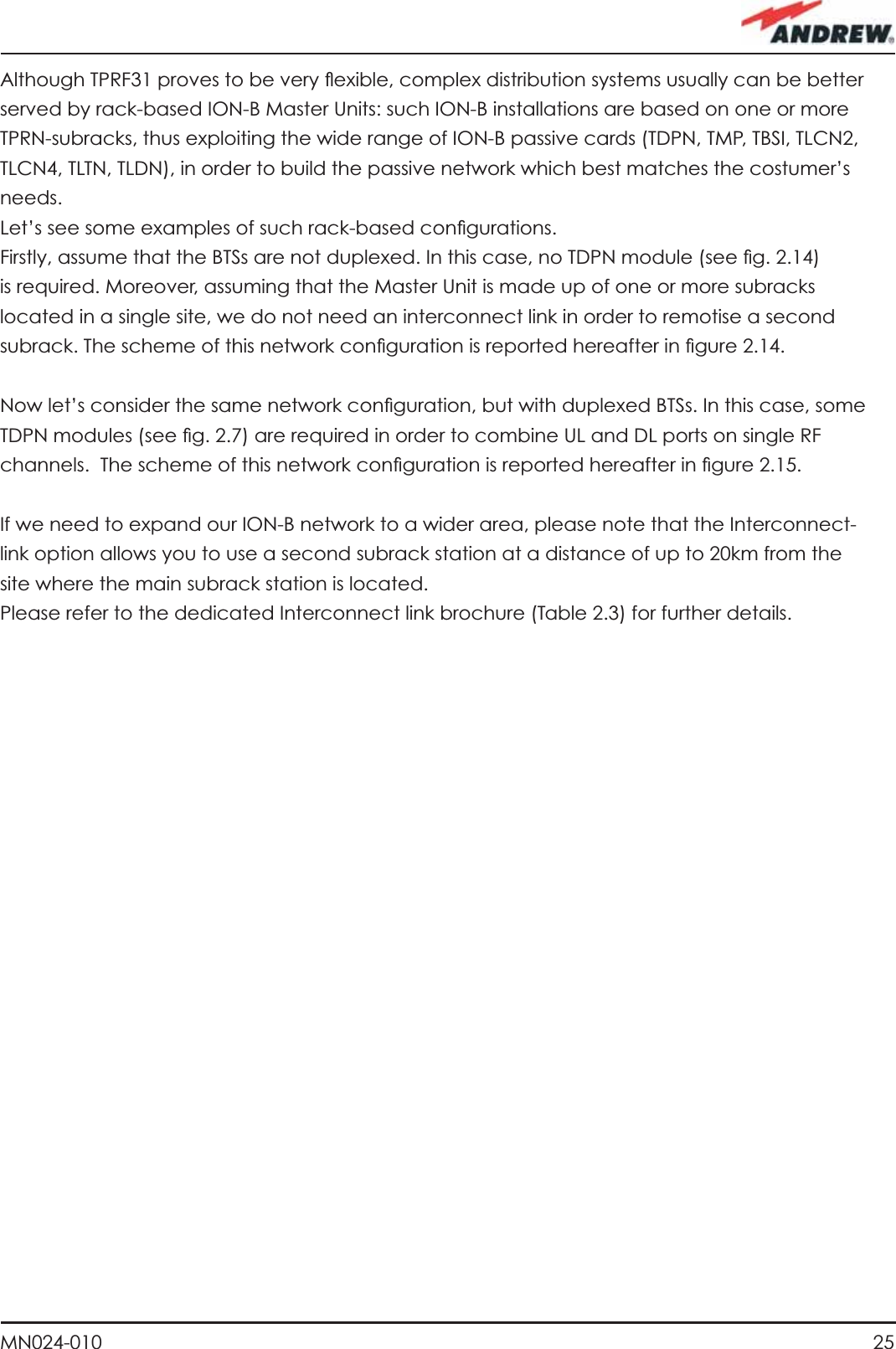 25MN024-010Although TPRF31 proves to be very ﬂ exible, complex distribution systems usually can be better served by rack-based ION-B Master Units: such ION-B installations are based on one or more TPRN-subracks, thus exploiting the wide range of ION-B passive cards (TDPN, TMP, TBSI, TLCN2, TLCN4, TLTN, TLDN), in order to build the passive network which best matches the costumer’s needs.Let’s see some examples of such rack-based conﬁ gurations.Firstly, assume that the BTSs are not duplexed. In this case, no TDPN module (see ﬁ g. 2.14) is required. Moreover, assuming that the Master Unit is made up of one or more subracks located in a single site, we do not need an interconnect link in order to remotise a second subrack. The scheme of this network conﬁ guration is reported hereafter in ﬁ gure 2.14.Now let’s consider the same network conﬁ guration, but with duplexed BTSs. In this case, some TDPN modules (see ﬁ g. 2.7) are required in order to combine UL and DL ports on single RF channels.  The scheme of this network conﬁ guration is reported hereafter in ﬁ gure 2.15.If we need to expand our ION-B network to a wider area, please note that the Interconnect-link option allows you to use a second subrack station at a distance of up to 20km from the site where the main subrack station is located.Please refer to the dedicated Interconnect link brochure (Table 2.3) for further details. 