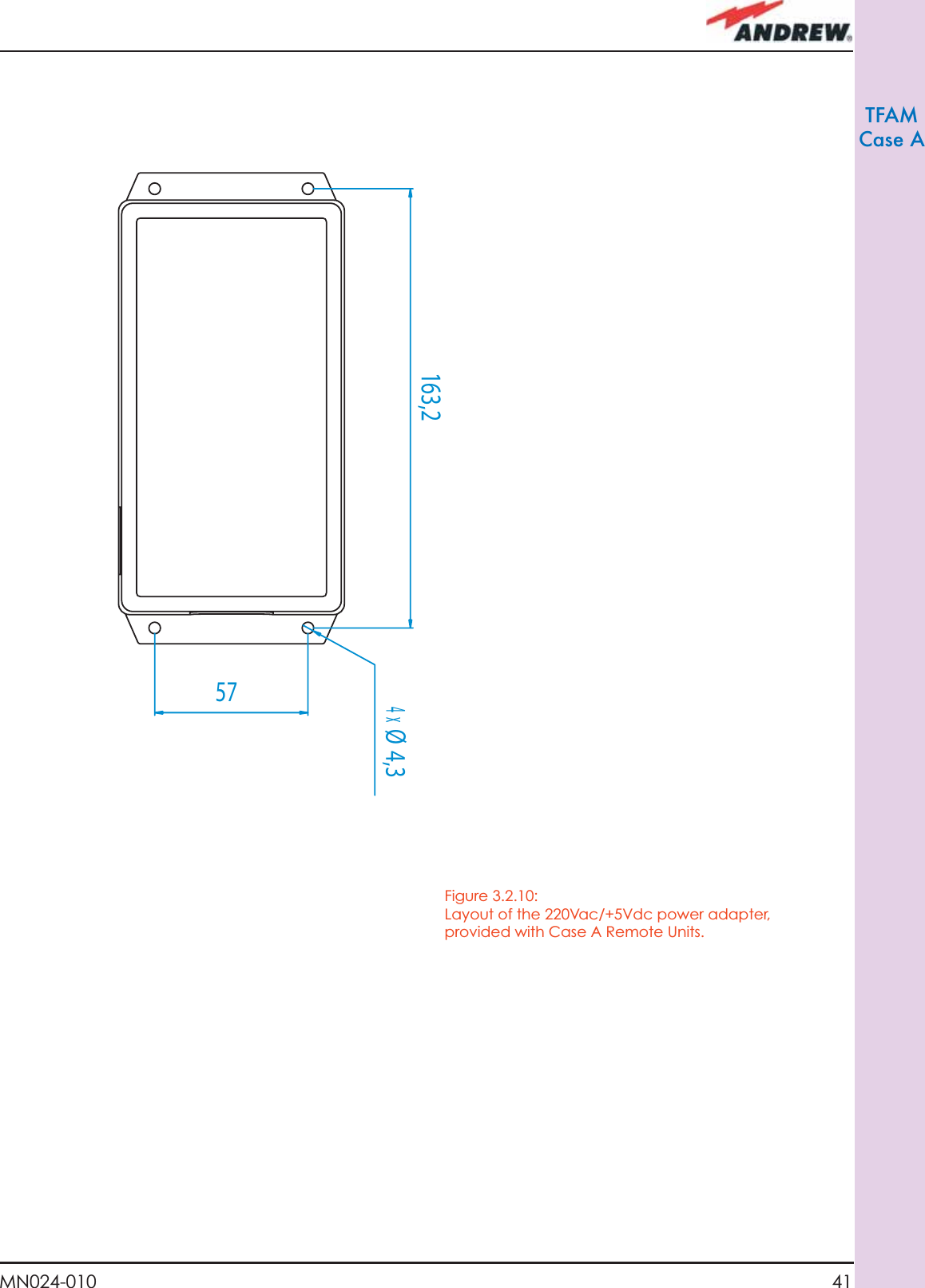 41MN024-010TFAMCase AX Figure 3.2.10: Layout of the 220Vac/+5Vdc power adapter, provided with Case A Remote Units.