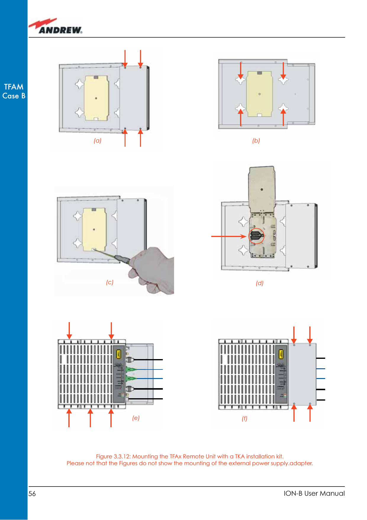 56 ION-B User ManualTFAMCase B(a) (b)(c) (d)(e) (f)Figure 3.3.12: Mounting the TFAx Remote Unit with a TKA installation kit. Please not that the Figures do not show the mounting of the external power supply.adapter.