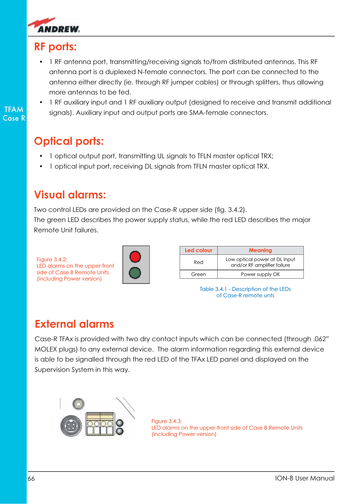 66 ION-B User ManualTFAMCase RRF ports:•  1 RF antenna port, transmitting/receiving signals to/from distributed antennas. This RF antenna port is a duplexed N-female connectors. The port can be connected to the antenna either directly (ie. through RF jumper cables) or through splitters, thus allowing more antennas to be fed. •  1 RF auxiliary input and 1 RF auxiliary output (designed to receive and transmit additional signals). Auxiliary input and output ports are SMA-female connectors.Optical ports:•  1 optical output port, transmitting UL signals to TFLN master optical TRX;•  1 optical input port, receiving DL signals from TFLN master optical TRX.Visual alarms:Two control LEDs are provided on the Case-R upper side (ﬁ g. 3.4.2).The green LED describes the power supply status, while the red LED describes the major Remote Unit failures.Led colour MeaningRed Low optical power at DL input and/or RF ampliﬁ er failureGreen Power supply OKFigure 3.4.2:LED alarms on the upper-front side of Case B Remote Units (including Power version)Table 3.4.1 - Description of the LEDs of Case-R remote untsExternal alarmsCase-R TFAx is provided with two dry contact inputs which can be connected (through .062” MOLEX plugs) to any external device.  The alarm information regarding this external device is able to be signalled through the red LED of the TFAx LED panel and displayed on the Supervision System in this way.Figure 3.4.3:LED alarms on the upper-front side of Case B Remote Units (including Power version)