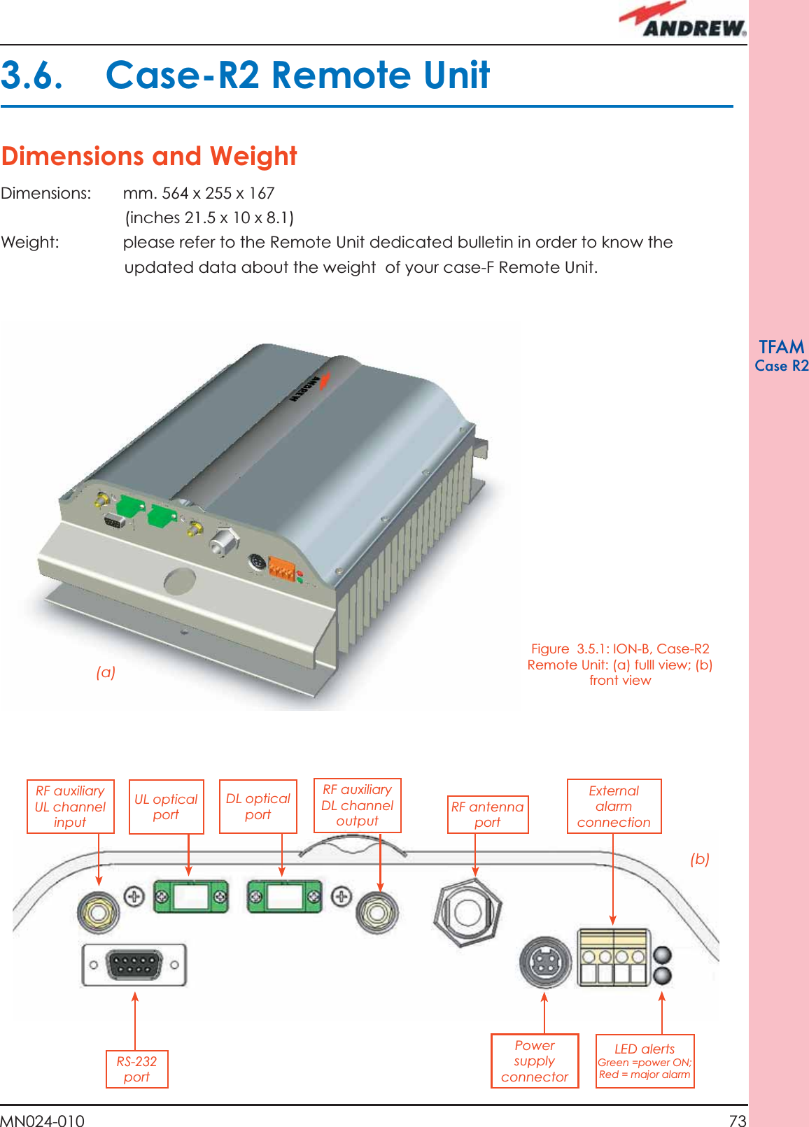 73MN024-010TFAMCase R23.6. Case-R2 Remote UnitDimensions and WeightDimensions:  mm. 564 x 255 x 167    (inches 21.5 x 10 x 8.1)Weight:  please refer to the Remote Unit dedicated bulletin in order to know the updated data about the weight  of your case-F Remote Unit.Figure  3.5.1: ION-B, Case-R2 Remote Unit: (a) fulll view; (b) front view(a)(b)Power supply connectorDL opticalportUL opticalportRF auxiliaryUL channel inputRF auxiliary DL channel outputLED alerts Green =power ON;Red = major alarmRF antennaportExternal alarm connectionRS-232port