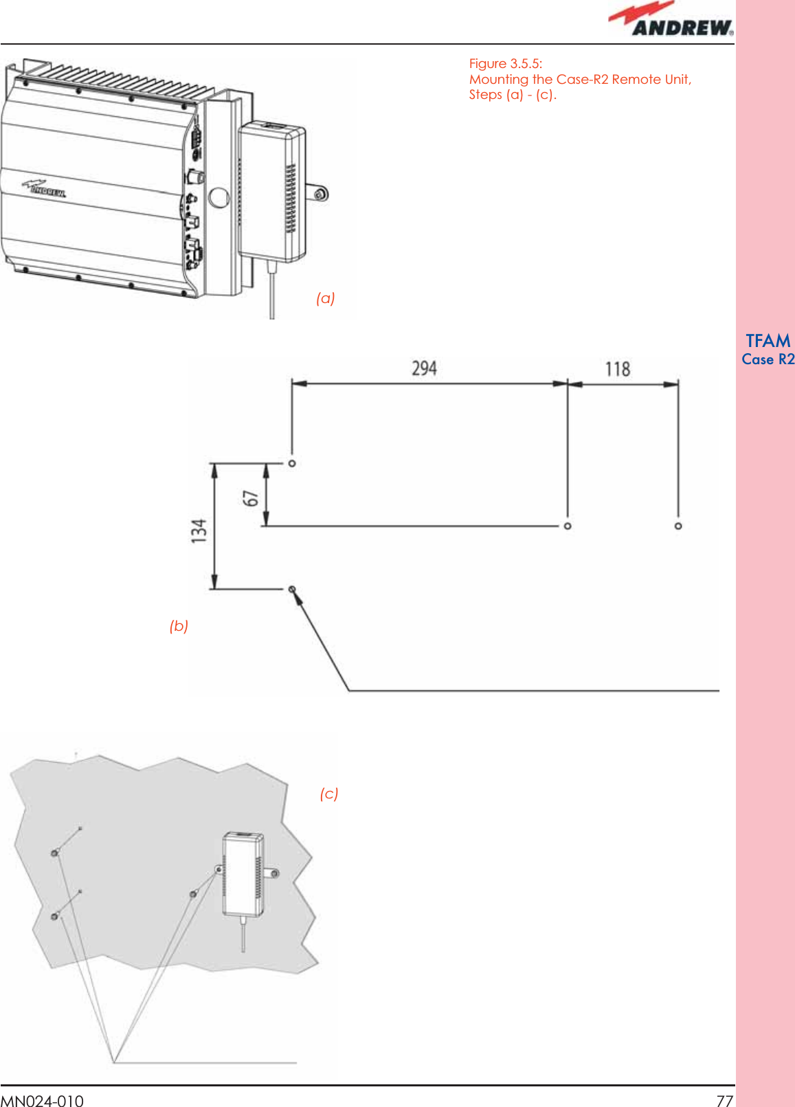 77MN024-010TFAMCase R2(a)(b)(c)Figure 3.5.5:Mounting the Case-R2 Remote Unit, Steps (a) - (c).