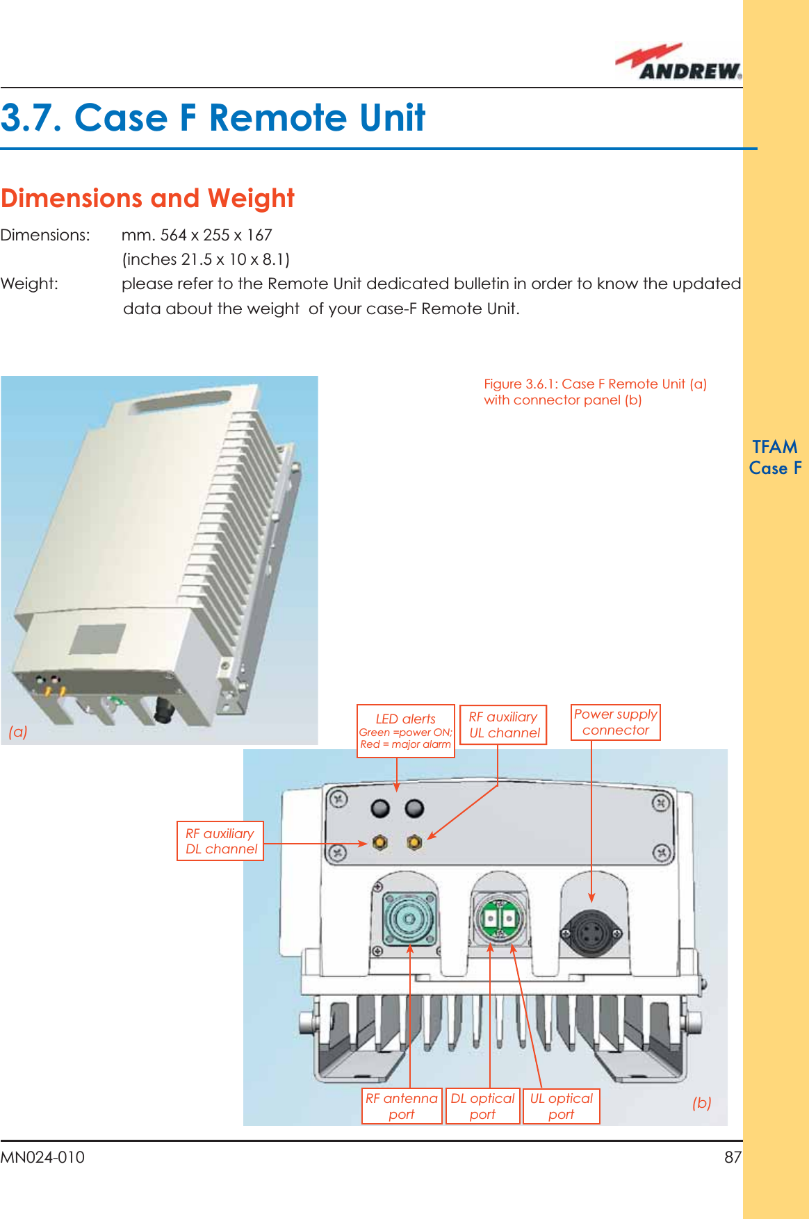 87MN024-010TFAMCase F3.7. Case F Remote UnitDimensions and WeightDimensions:  mm. 564 x 255 x 167   (inches 21.5 x 10 x 8.1)Weight:  please refer to the Remote Unit dedicated bulletin in order to know the updated data about the weight  of your case-F Remote Unit.Figure 3.6.1: Case F Remote Unit (a) with connector panel (b)(a)(b)Power supply connectorUL opticalportDL opticalportRF auxiliary DL channel LED alerts Green =power ON;Red = major alarmRF antennaportRF auxiliary UL channel 