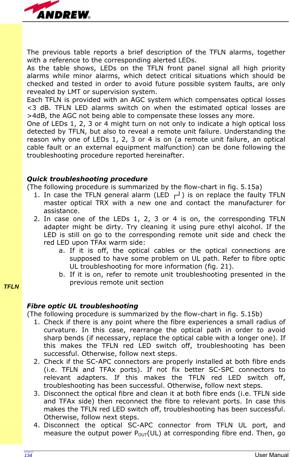   134  User Manual  The previous table reports a brief description of the TFLN alarms, together with a reference to the corresponding alerted LEDs. As the table shows, LEDs on the TFLN front panel signal all high priority alarms while minor alarms, which detect critical situations which should be checked and tested in order to avoid future possible system faults, are only revealed by LMT or supervision system. Each TFLN is provided with an AGC system which compensates optical losses &lt;3 dB. TFLN LED alarms switch on when the estimated optical losses are &gt;4dB, the AGC not being able to compensate these losses any more. One of LEDs 1, 2, 3 or 4 might turn on not only to indicate a high optical loss detected by TFLN, but also to reveal a remote unit failure. Understanding the reason why one of LEDs 1, 2, 3 or 4 is on (a remote unit failure, an optical cable fault or an external equipment malfunction) can be done following the troubleshooting procedure reported hereinafter.   Quick troubleshooting procedure (The following procedure is summarized by the flow-chart in fig. 5.15a) 1. In case the TFLN general alarm (LED ┌┘) is on replace the faulty TFLN master optical TRX with a new one and contact the manufacturer for assistance. 2. In case one of the LEDs 1, 2, 3 or 4 is on, the corresponding TFLN adapter might be dirty. Try cleaning it using pure ethyl alcohol. If the LED is still on go to the corresponding remote unit side and check the red LED upon TFAx warm side: a. If it is off, the optical cables or the optical connections are supposed to have some problem on UL path. Refer to fibre optic UL troubleshooting for more information (fig. 21). b. If it is on, refer to remote unit troubleshooting presented in the previous remote unit section   Fibre optic UL troubleshooting (The following procedure is summarized by the flow-chart in fig. 5.15b) 1. Check if there is any point where the fibre experiences a small radius of curvature. In this case, rearrange the optical path in order to avoid sharp bends (if necessary, replace the optical cable with a longer one). If this makes the TFLN red LED switch off, troubleshooting has been successful. Otherwise, follow next steps. 2. Check if the SC-APC connectors are properly installed at both fibre ends (i.e. TFLN and TFAx ports). If not fix better SC-SPC connectors to relevant adapters. If this makes the TFLN red LED switch off, troubleshooting has been successful. Otherwise, follow next steps. 3. Disconnect the optical fibre and clean it at both fibre ends (i.e. TFLN side and TFAx side) then reconnect the fibre to relevant ports. In case this makes the TFLN red LED switch off, troubleshooting has been successful. Otherwise, follow next steps. 4. Disconnect the optical SC-APC connector from TFLN UL port, and measure the output power POUT(UL) at corresponding fibre end. Then, go             TFLN        