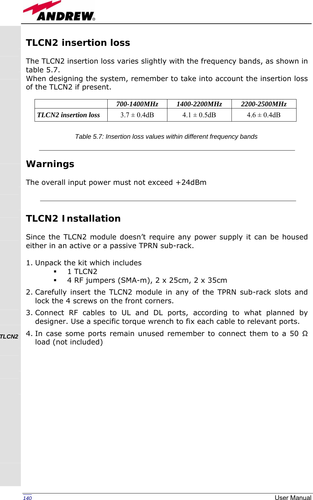  140  User ManualTLCN2 insertion loss   The TLCN2 insertion loss varies slightly with the frequency bands, as shown in table 5.7. When designing the system, remember to take into account the insertion loss of the TLCN2 if present.     Warnings  The overall input power must not exceed +24dBm      TLCN2 Installation  Since the TLCN2 module doesn’t require any power supply it can be housed either in an active or a passive TPRN sub-rack.  1. Unpack the kit which includes  1 TLCN2  4 RF jumpers (SMA-m), 2 x 25cm, 2 x 35cm 2. Carefully insert the TLCN2 module in any of the TPRN sub-rack slots and lock the 4 screws on the front corners. 3. Connect RF cables to UL and DL ports, according to what planned by designer. Use a specific torque wrench to fix each cable to relevant ports. 4. In case some ports remain unused remember to connect them to a 50 Ω load (not included)  700-1400MHz 1400-2200MHz 2200-2500MHz TLCN2 insertion loss  3.7 ± 0.4dB  4.1 ± 0.5dB  4.6 ± 0.4dB              TLCN2       Table 5.7: Insertion loss values within different frequency bands 