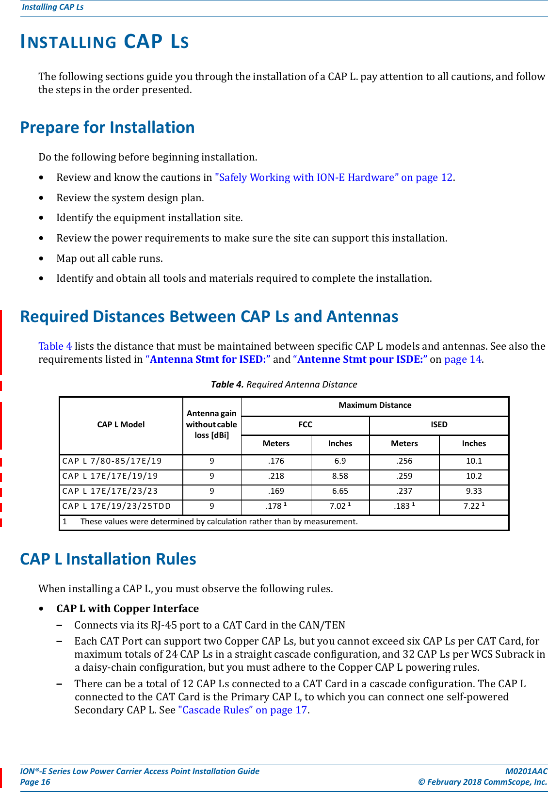 ION®-E Series Low Power Carrier Access Point Installation Guide M0201AACPage 16 © February 2018 CommScope, Inc. Installing CAP Ls  INSTALLING CAP LSThefollowingsectionsguideyouthroughtheinstallationofaCAPL.payattentiontoallcautions,andfollowthestepsintheorderpresented.Prepare for InstallationDothefollowingbeforebeginninginstallation.•Reviewandknowthecautionsin&quot;SafelyWorkingwithION-EHardware”onpage12.•Reviewthesystemdesignplan.•Identifytheequipmentinstallationsite.•Reviewthepowerrequirementstomakesurethesitecansupportthisinstallation.•Mapoutallcableruns.•Identifyandobtainalltoolsandmaterialsrequiredtocompletetheinstallation.Required Distances Between CAP Ls and AntennasTable4liststhedistancethatmustbemaintainedbetweenspecificCAPLmodelsandantennas.Seealsotherequirementslistedin“AntennaStmtforISED:”and“AntenneStmtpourISDE:”onpage14.CAP L Installation RulesWheninstallingaCAPL,youmustobservethefollowingrules.•CAPLwithCopperInterface–ConnectsviaitsRJ-45porttoaCATCardintheCAN/TEN–EachCATPortcansupporttwoCopperCAPLs,butyoucannotexceedsixCAPLsperCATCard,formaximumtotalsof24CAPLsinastraightcascadeconfiguration,and32CAPLsperWCSSubrackinadaisy-chainconfiguration,butyoumustadheretotheCopperCAPLpoweringrules.–Therecanbeatotalof12CAPLsconnectedtoaCATCardinacascadeconfiguration.TheCAPLconnectedtotheCATCardisthePrimaryCAPL,towhichyoucanconnectoneself-poweredSecondaryCAPL.See&quot;CascadeRules”onpage17.Table 4. Required Antenna DistanceCAP L ModelAntenna gain without cable loss [dBi]Maximum DistanceFCC ISEDMeters Inches Meters InchesCAP L  7 /80-85/17 E / 19 9 .176 6.9 .256 10.1CAP L 17E/17E/19/19 9 .218 8.58 .259 10.2CAP L   1 7E/17E/2 3 / 2 3 9 .169 6.65 .237 9.33CAP L   1 7E/19/2 3 / 2 5TDD 9 .178 1 7.02 1  .183 1  7.22 1 1 These values were determined by calculation rather than by measurement.
