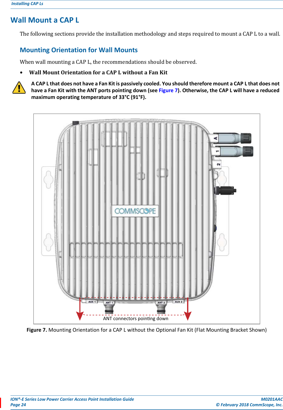 ION®-E Series Low Power Carrier Access Point Installation Guide M0201AACPage 24 © February 2018 CommScope, Inc. Installing CAP Ls  Wall Mount a CAP LThefollowingsectionsprovidetheinstallationmethodologyandstepsrequiredtomountaCAPLtoawall.Mounting Orientation for Wall MountsWhenwallmountingaCAPL,therecommendationsshouldbeobserved.•WallMountOrientationforaCAPLwithoutaFanKitFigure 7. Mounting Orientation for a CAP L without the Optional Fan Kit (Flat Mounting Bracket Shown)A CAP L that does not have a Fan Kit is passively cooled. You should therefore mount a CAP L that does not have a Fan Kit with the ANT ports pointing down (see Figure 7). Otherwise, the CAP L will have a reduced maximum operating temperature of 33°C (91°F).ANT connectors poinng down