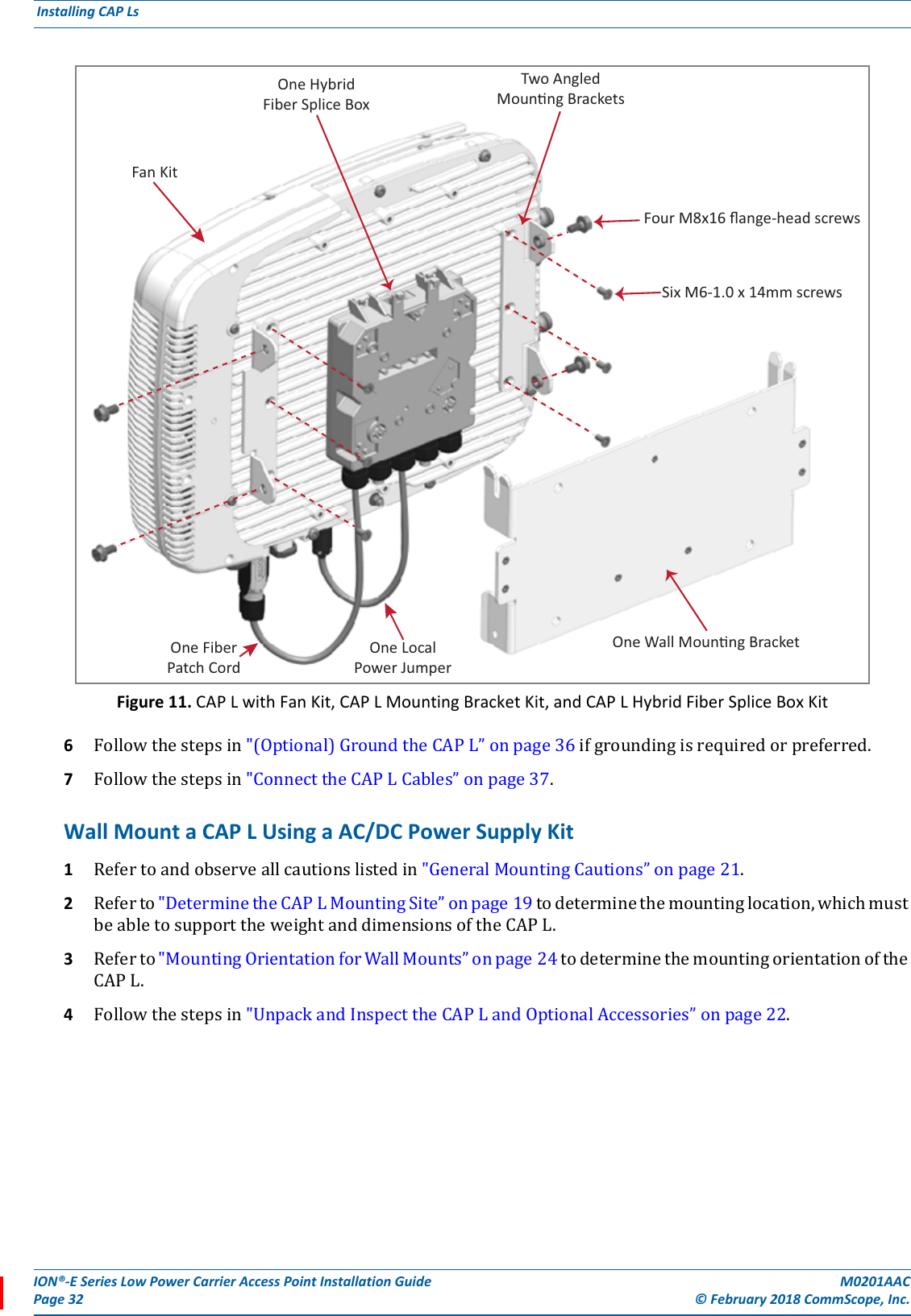 ION®-E Series Low Power Carrier Access Point Installation Guide M0201AACPage 32 © February 2018 CommScope, Inc. Installing CAP Ls  Figure 11. CAP L with Fan Kit, CAP L Mounting Bracket Kit, and CAP L Hybrid Fiber Splice Box Kit6Followthestepsin&quot;(Optional)GroundtheCAPL”onpage36ifgroundingisrequiredorpreferred.7Followthestepsin&quot;ConnecttheCAPLCables”onpage37.Wall Mount a CAP L Using a AC/DC Power Supply Kit 1Refertoandobserveallcautionslistedin&quot;GeneralMountingCautions”onpage21.2Referto&quot;DeterminetheCAPLMountingSite”onpage19todeterminethemountinglocation,whichmustbeabletosupporttheweightanddimensionsoftheCAPL.3Referto&quot;MountingOrientationforWallMounts”onpage24todeterminethemountingorientationoftheCAPL.4Followthestepsin&quot;UnpackandInspecttheCAPLandOptionalAccessories”onpage22.Two AngledMounng BracketsFour M8x16 ﬂange-head screwsSix M6-1.0 x 14mm screwsOne HybridFiber Splice BoxOne Wall Mounng BracketFan KitOne LocalPower JumperOne FiberPatch Cord