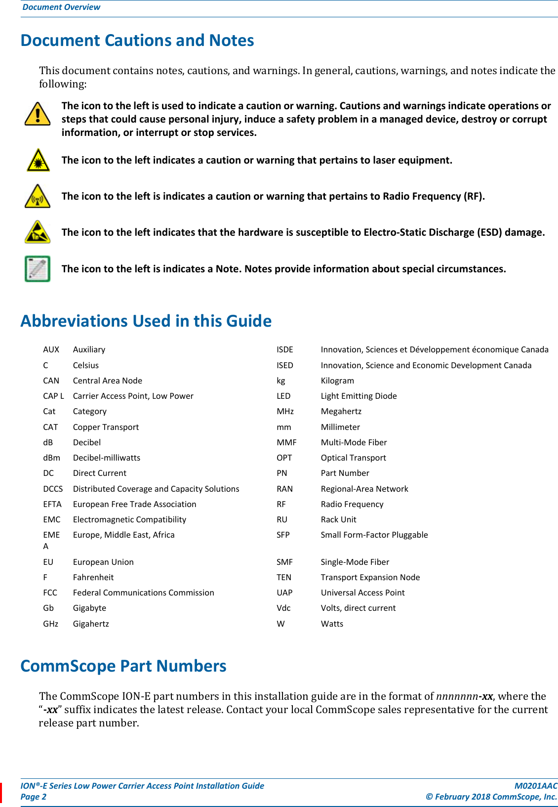 ION®-E Series Low Power Carrier Access Point Installation Guide M0201AACPage 2 © February 2018 CommScope, Inc. Document Overview  Document Cautions and NotesThisdocumentcontainsnotes,cautions,andwarnings.Ingeneral,cautions,warnings,andnotesindicatethefollowing:Abbreviations Used in this GuideCommScope Part NumbersTheCommScopeION-Epartnumbersinthisinstallationguideareintheformatofnnnnnnn-xx,wherethe“-xx”suffixindicatesthelatestrelease.ContactyourlocalCommScopesalesrepresentativeforthecurrentreleasepartnumber.The icon to the left is used to indicate a caution or warning. Cautions and warnings indicate operations or steps that could cause personal injury, induce a safety problem in a managed device, destroy or corrupt information, or interrupt or stop services. The icon to the left indicates a caution or warning that pertains to laser equipment.The icon to the left is indicates a caution or warning that pertains to Radio Frequency (RF).The icon to the left indicates that the hardware is susceptible to Electro-Static Discharge (ESD) damage.The icon to the left is indicates a Note. Notes provide information about special circumstances.AUX Auxiliary ISDE Innovation, Sciences et Développement économique CanadaCCelsius ISED Innovation, Science and Economic Development CanadaCAN Central Area Node kg KilogramCAP L Carrier Access Point, Low Power LED Light Emitting DiodeCat Category MHz MegahertzCAT Copper Transport mm MillimeterdB Decibel MMF Multi-Mode FiberdBm Decibel-milliwatts OPT Optical Transport DC Direct Current PN Part NumberDCCS Distributed Coverage and Capacity Solutions RAN Regional-Area NetworkEFTA European Free Trade Association RF Radio FrequencyEMC Electromagnetic Compatibility RU Rack UnitEMEAEurope, Middle East, Africa SFP Small Form-Factor PluggableEU European Union SMF Single-Mode Fiber FFahrenheit TEN Transport Expansion NodeFCC Federal Communications Commission UAP Universal Access PointGb Gigabyte Vdc Volts, direct currentGHz Gigahertz WWatts