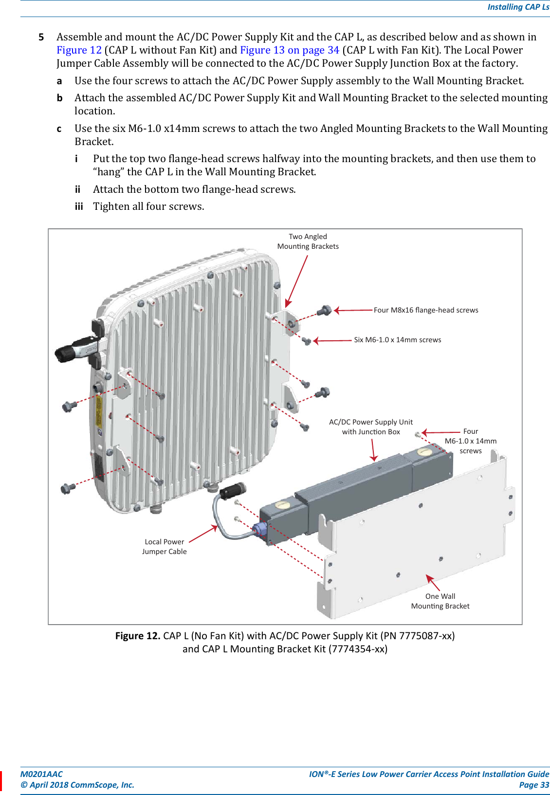 M0201AAC ION®-E Series Low Power Carrier Access Point Installation Guide© April 2018 CommScope, Inc. Page 33Installing CAP Ls5AssembleandmounttheAC/DCPowerSupplyKitandtheCAPL,asdescribedbelowandasshowninFigure12(CAPLwithoutFanKit)andFigure13onpage34(CAPLwithFanKit).TheLocalPowerJumperCableAssemblywillbeconnectedtotheAC/DCPowerSupplyJunctionBoxatthefactory.aUsethefourscrewstoattachtheAC/DCPowerSupplyassemblytotheWallMountingBracket.bAttachtheassembledAC/DCPowerSupplyKitandWallMountingBrackettotheselectedmountinglocation.cUsethesixM6-1.0x14mmscrewstoattachthetwoAngledMountingBracketstotheWallMountingBracket.iPutthetoptwoflange-headscrewshalfwayintothemountingbrackets,andthenusethemto“hang”theCAPLintheWallMountingBracket.ii Attachthebottomtwoflange-headscrews.iii Tightenallfourscrews.Figure 12. CAP L (No Fan Kit) with AC/DC Power Supply Kit (PN 7775087-xx)and CAP L Mounting Bracket Kit (7774354-xx)Two AngledMounng BracketsFour M8x16 ﬂange-head screwsSix M6-1.0 x 14mm screwsFourM6-1.0 x 14mmscrewsOne WallMounng BracketAC/DC Power Supply Unitwith Juncon BoxLocal PowerJumper Cable