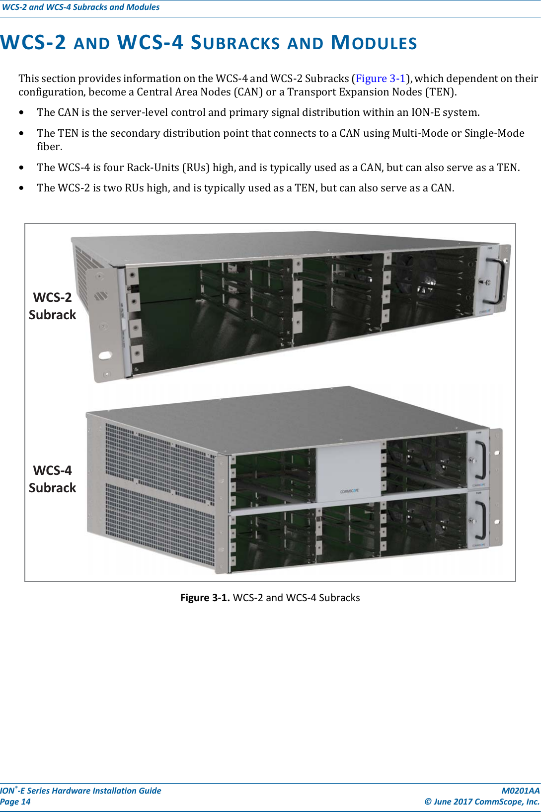 ION®-E Series Hardware Installation Guide M0201AA Page 14 © June 2017 CommScope, Inc. WCS-2 and WCS-4 Subracks and Modules  WCS-2 AND WCS-4 SUBRACKS AND MODULESThissectionprovidesinformationontheWCS-4andWCS-2Subracks(Figure3-1),whichdependentontheirconfiguration,becomeaCentralAreaNodes(CAN)oraTransportExpansionNodes(TEN).•TheCANistheserver-levelcontrolandprimarysignaldistributionwithinanION-Esystem.•TheTENisthesecondarydistributionpointthatconnectstoaCANusingMulti-ModeorSingle-Modefiber.•TheWCS-4isfourRack-Units(RUs)high,andistypicallyusedasaCAN,butcanalsoserveasaTEN.•TheWCS-2istwoRUshigh,andistypicallyusedasaTEN,butcanalsoserveasaCAN.Figure 3-1. WCS-2 and WCS-4 SubracksWCS-2SubrackWCS-4Subrack