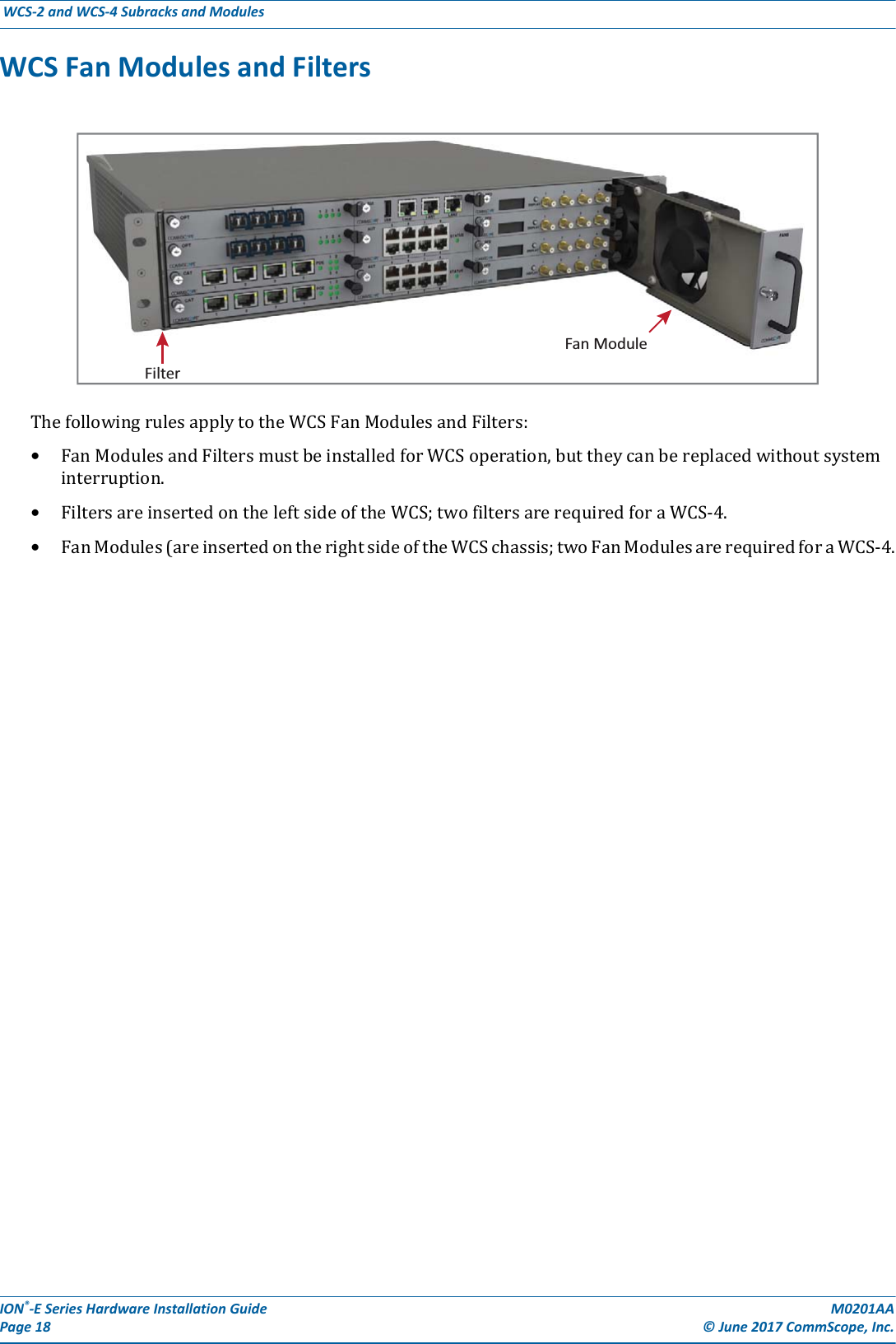 ION®-E Series Hardware Installation Guide M0201AA Page 18 © June 2017 CommScope, Inc. WCS-2 and WCS-4 Subracks and Modules  WCS Fan Modules and FiltersThefollowingrulesapplytotheWCSFanModulesandFilters:•FanModulesandFiltersmustbeinstalledforWCSoperation,buttheycanbereplacedwithoutsysteminterruption.•FiltersareinsertedontheleftsideoftheWCS;twofiltersarerequiredforaWCS-4.•FanModules(areinsertedontherightsideoftheWCSchassis;twoFanModulesarerequiredforaWCS-4.FilterFan Module