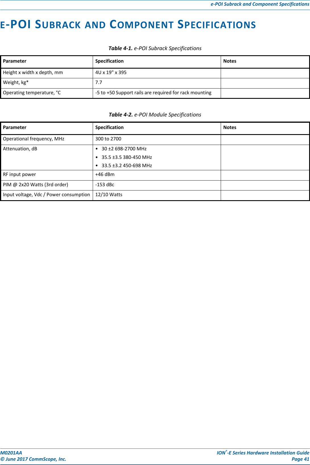 M0201AA ION®-E Series Hardware Installation Guide© June 2017 CommScope, Inc. Page 41e-POI Subrack and Component SpecificationsE-POI SUBRACK AND COMPONENT SPECIFICATIONSTable 4-1. e-POI Subrack SpecificationsParameter Specification NotesHeight x width x depth, mm 4U x 19&quot; x 395Weight, kg*  7.7Operating temperature, °C -5 to +50 Support rails are required for rack mountingTable 4-2. e-POI Module SpecificationsParameter Specification NotesOperational frequency, MHz  300 to 2700Attenuation, dB • 30 ±2 698-2700 MHz• 35.5 ±3.5 380-450 MHz• 33.5 ±3.2 450-698 MHzRF input power +46 dBmPIM @ 2x20 Watts (3rd order) -153 dBcInput voltage, Vdc / Power consumption 12/10 Watts