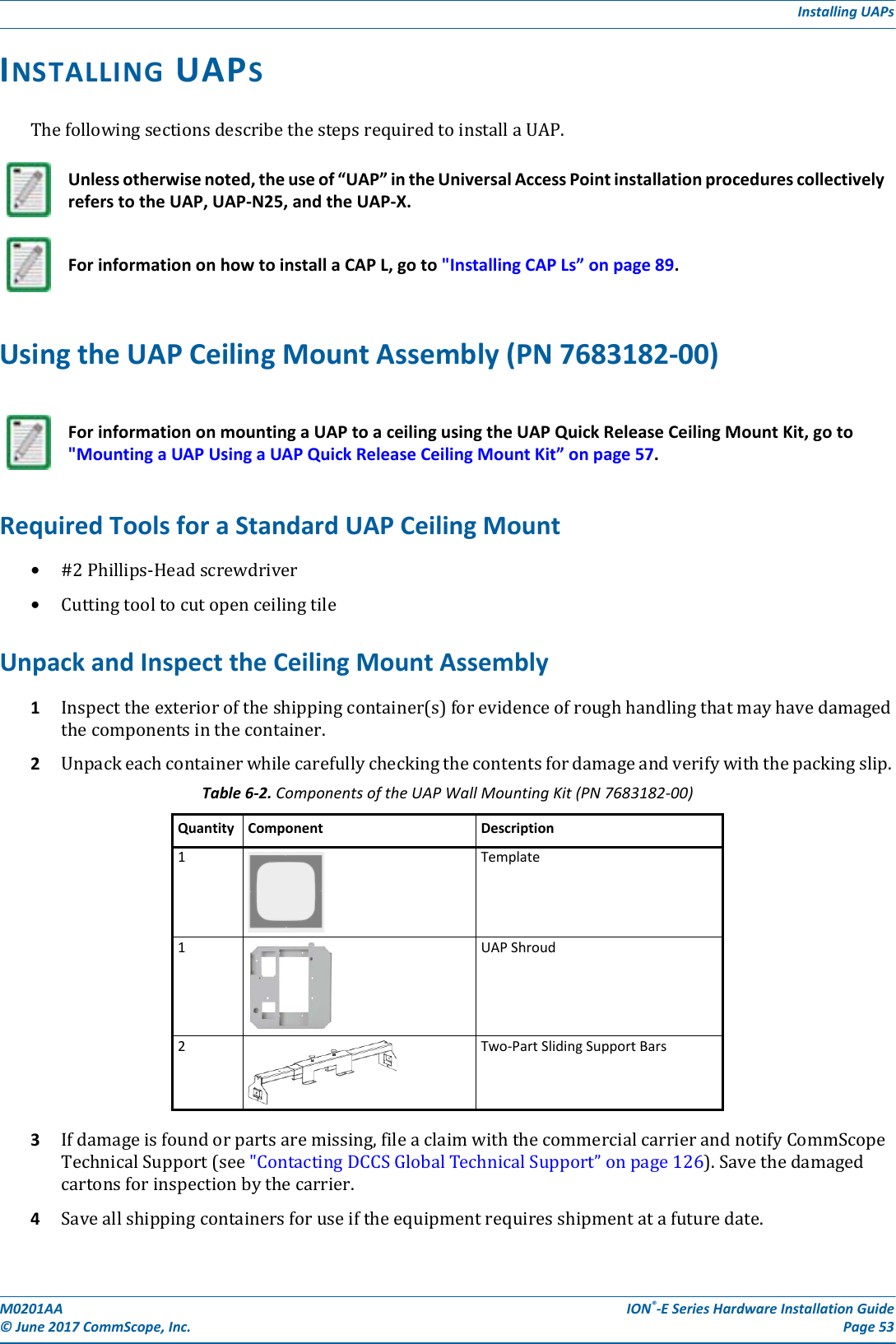 M0201AA ION®-E Series Hardware Installation Guide© June 2017 CommScope, Inc. Page 53Installing UAPsINSTALLING UAPSThefollowingsectionsdescribethestepsrequiredtoinstallaUAP.Using the UAP Ceiling Mount Assembly (PN 7683182-00)Required Tools for a Standard UAP Ceiling Mount•#2Phillips-Headscrewdriver•CuttingtooltocutopenceilingtileUnpack and Inspect the Ceiling Mount Assembly1Inspecttheexterioroftheshippingcontainer(s)forevidenceofroughhandlingthatmayhavedamagedthecomponentsinthecontainer.2Unpackeachcontainerwhilecarefullycheckingthecontentsfordamageandverifywiththepackingslip.3Ifdamageisfoundorpartsaremissing,fileaclaimwiththecommercialcarrierandnotifyCommScopeTechnicalSupport(see&quot;ContactingDCCSGlobalTechnicalSupport”onpage126).Savethedamagedcartonsforinspectionbythecarrier.4Saveallshippingcontainersforuseiftheequipmentrequiresshipmentatafuturedate.Unless otherwise noted, the use of “UAP” in the Universal Access Point installation procedures collectively refers to the UAP, UAP-N25, and the UAP-X. For information on how to install a CAP L, go to &quot;Installing CAP Ls” on page 89.For information on mounting a UAP to a ceiling using the UAP Quick Release Ceiling Mount Kit, go to &quot;Mounting a UAP Using a UAP Quick Release Ceiling Mount Kit” on page 57.Table 6-2. Components of the UAP Wall Mounting Kit (PN 7683182-00)Quantity Component Description1Template 1  UAP Shroud 2Two-Part Sliding Support Bars