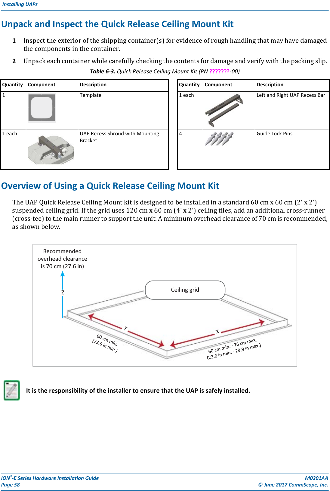 ION®-E Series Hardware Installation Guide M0201AA Page 58 © June 2017 CommScope, Inc. Installing UAPs  Unpack and Inspect the Quick Release Ceiling Mount Kit1Inspecttheexterioroftheshippingcontainer(s)forevidenceofroughhandlingthatmayhavedamagedthecomponentsinthecontainer.2Unpackeachcontainerwhilecarefullycheckingthecontentsfordamageandverifywiththepackingslip.Overview of Using a Quick Release Ceiling Mount KitTheUAPQuickReleaseCeilingMountkitisdesignedtobeinstalledinastandard60cmx60cm(2&apos;x2&apos;)suspendedceilinggrid.Ifthegriduses120cmx60cm(4&apos;x2&apos;)ceilingtiles,addanadditionalcross-runner(cross-tee)tothemainrunnertosupporttheunit.Aminimumoverheadclearanceof70cmisrecommended,asshownbelow.Table 6-3. Quick Release Ceiling Mount Kit (PN ???????-00)Quantity Component Description Quantity Component Description1Template  1 each Left and Right UAP Recess Bar1 each UAP Recess Shroud with Mounting Bracket4Guide Lock PinsIt is the responsibility of the installer to ensure that the UAP is safely installed.Recommendedoverhead clearanceis 70 cm (27.6 in)YXCeiling grid60 cm min.(23.6 in min.)60 cm min. - 76 cm max.(23.6 in min. - 29.9 in max.)Z