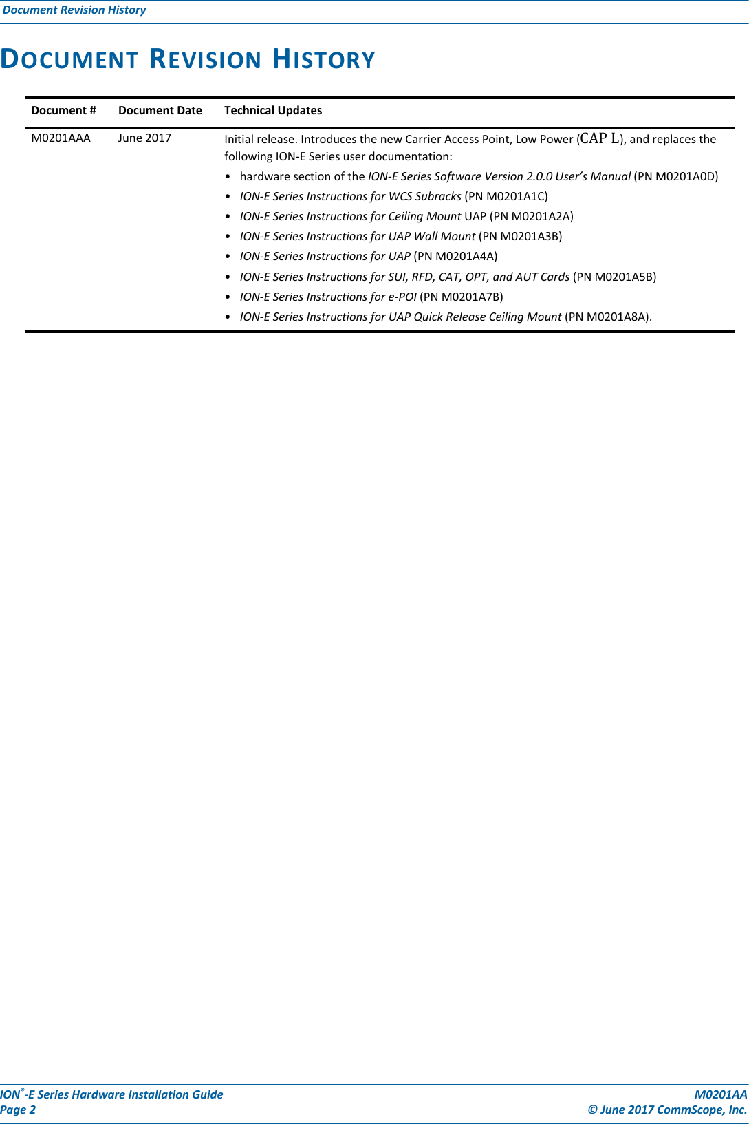 ION®-E Series Hardware Installation Guide M0201AA Page 2 © June 2017 CommScope, Inc. Document Revision History  DOCUMENT REVISION HISTORYDocument # Document Date Technical UpdatesM0201AAA June 2017 Initial release. Introduces the new Carrier Access Point, Low Power (CAPL), and replaces the following ION-E Series user documentation:• hardware section of the ION-E Series Software Version 2.0.0 User’s Manual (PN M0201A0D)•ION-E Series Instructions for WCS Subracks (PN M0201A1C)•ION-E Series Instructions for Ceiling Mount UAP (PN M0201A2A)•ION-E Series Instructions for UAP Wall Mount (PN M0201A3B)•ION-E Series Instructions for UAP (PN M0201A4A)•ION-E Series Instructions for SUI, RFD, CAT, OPT, and AUT Cards (PN M0201A5B)•ION-E Series Instructions for e-POI (PN M0201A7B)•ION-E Series Instructions for UAP Quick Release Ceiling Mount (PN M0201A8A).