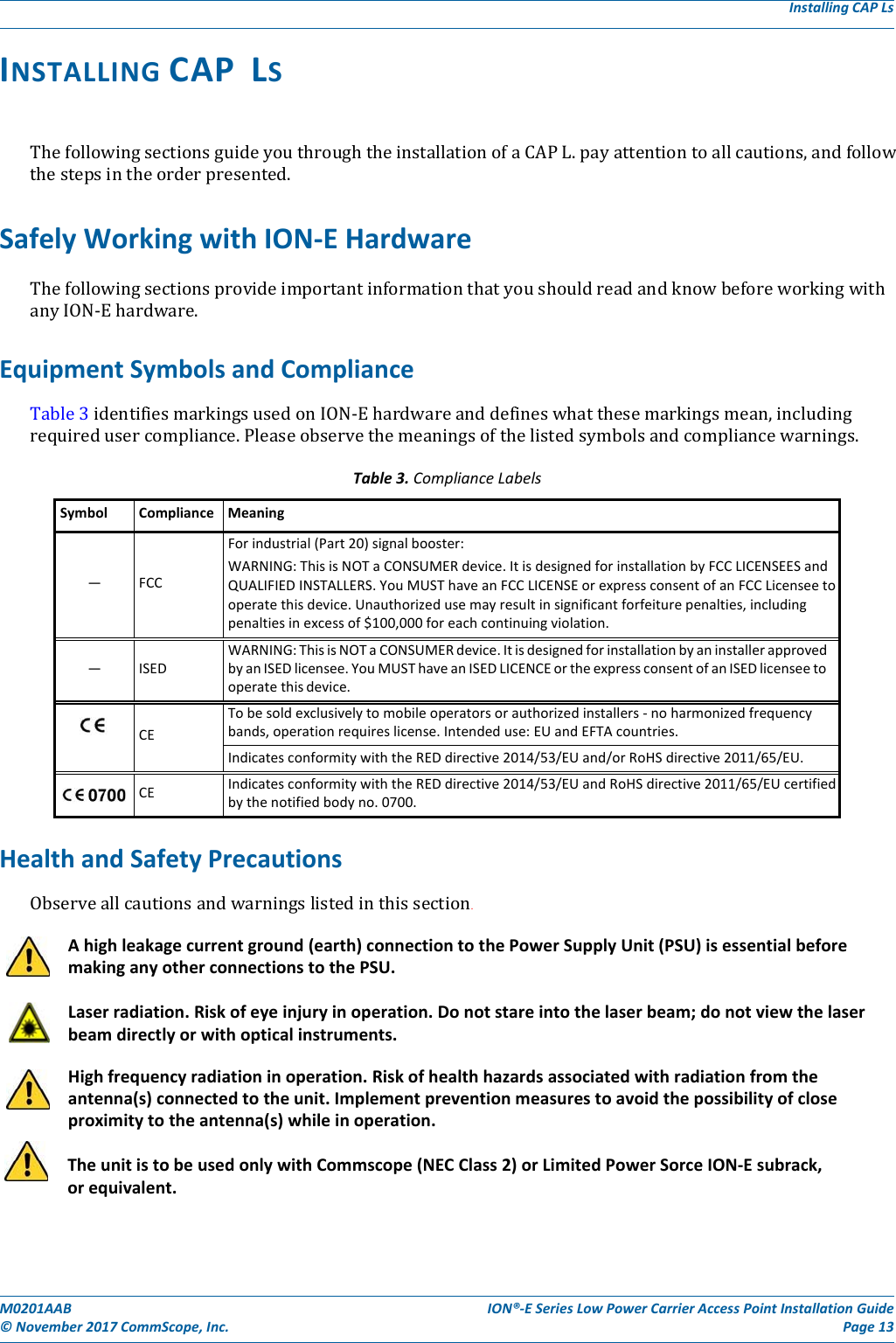 M0201AAB©November2017CommScope,Inc.ION®‐ESeriesLowPowerCarrierAccessPointInstallationGuidePage13INSTALLINGCAPLSInstallingCAPLsThefollowingsectionsguideyouthroughtheinstallationofaCAPL.payattentiontoallcautions,andfollowthestepsintheorderpresented.SafelyWorkingwithION‐EHardwareThefollowingsectionsprovideimportantinformationthatyoushouldreadandknowbeforeworkingwithanyION‐Ehardware.EquipmentSymbolsandComplianceTable3identifiesmarkingsusedonION‐Ehardwareanddefineswhatthesemarkingsmean,includingrequiredusercompliance.Pleaseobservethemeaningsofthelistedsymbolsandcompliancewarnings.Table3.ComplianceLabelsSymbolComplianceMeaning—FCCForindustrial(Part20)signalbooster:WARNING:ThisisNOTaCONSUMERdevice.ItisdesignedforinstallationbyFCCLICENSEESandQUALIFIEDINSTALLERS.YouMUSThaveanFCCLICENSEorexpressconsentofanFCCLicenseetooperatethisdevice.Unauthorizedusemayresultinsignificantforfeiturepenalties,includingpenaltiesinexcessof$100,000foreachcontinuingviolation.—ISEDWARNING:ThisisNOT aCONSUMER device. It is designed for installationbyaninstallerapprovedbyanISEDlicensee.YouMUSThaveanISEDLICENCEortheexpressconsentofanISEDlicenseetooperatethisdevice.CETobesoldexclusivelytomobileoperatorsorauthorizedinstallers‐ noharmonizedfrequencybands,operationrequireslicense.Intendeduse:EUandEFTAcountries.IndicatesconformitywiththeREDdirective2014/53/EUand/orRoHSdirective2011/65/EU.CEIndicatesconformitywiththeREDdirective2014/53/EUandRoHSdirective2011/65/EUcertifiedbythenotifiedbodyno.0700.HealthandSafetyPrecautionsObserveallcautionsandwarningslistedinthissection.Ahighleakagecurrentground(earth)connectiontothePowerSupplyUnit(PSU)isessentialbeforemakinganyotherconnectionstothePSU.Laserradiation.Riskofeyeinjuryinoperation.Donotstareintothelaserbeam;donotviewthelaserbeamdirectlyorwithopticalinstruments.Highfrequencyradiationinoperation.Riskofhealthhazardsassociatedwithradiationfromtheantenna(s)connectedtotheunit.Implementpreventionmeasurestoavoidthepossibilityofcloseproximitytotheantenna(s)whileinoperation.TheunitistobeusedonlywithCommscope(NECClass2)orLimitedPowerSorceION‐Esubrack,orequivalent.