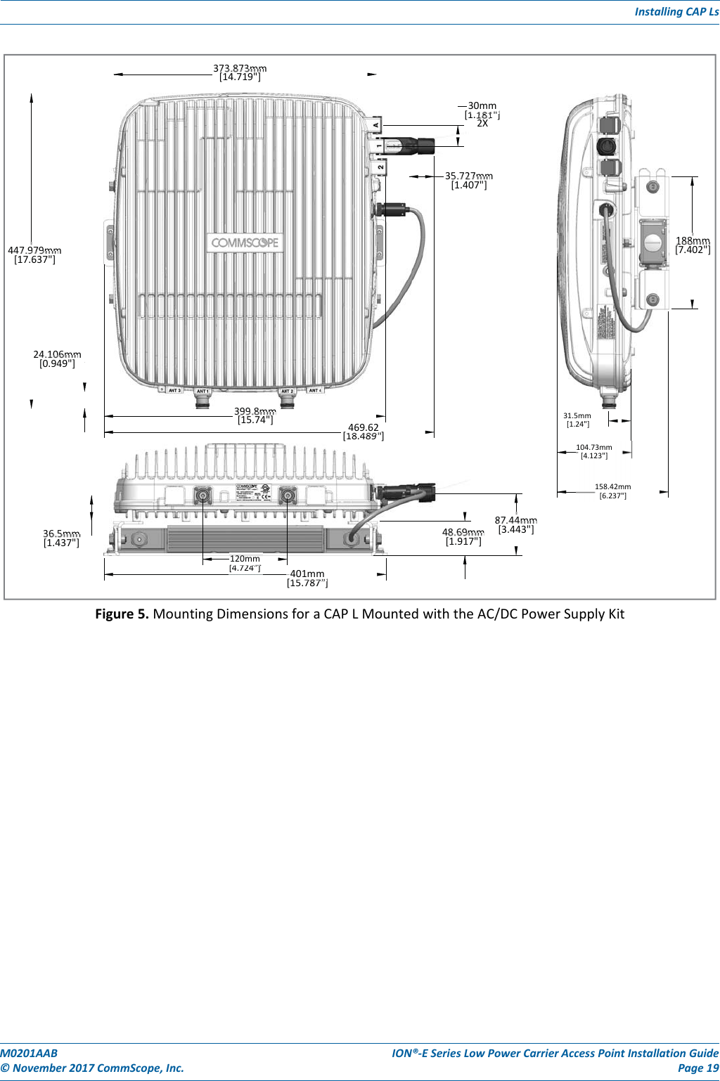 M0201AAB©November2017CommScope,Inc.ION®‐ESeriesLowPowerCarrierAccessPointInstallationGuidePage19InstallingCAPLsFigure5.MountingDimensionsforaCAPLMountedwiththeAC/DCPowerSupplyKit373.873mm[14.719&quot;][1.181&quot;]30mm2X35.727mm[1.407&quot;]447.979mm188mm[17.637&quot;][7.402&quot;]24.106mm[0.949&quot;]399.8mm[15.74&quot;]31.5mm[1.24&quot;][18.489&quot;]469.62104.73mm[4.123&quot;]158.42mm[6.237&quot;]87.44mm36.5mm[1.437&quot;]48.69mm [3.443&quot;][1.917&quot;][4.724&quot;]120mm[15.787&quot;]401mm