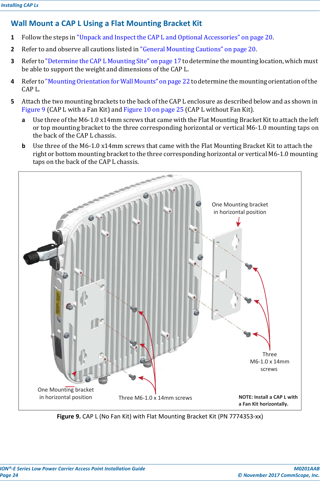 ION®‐ESeriesLowPowerCarrierAccessPointInstallationGuidePage24M0201AAB©November2017CommScope,Inc.InstallingCAPLsWallMountaCAPLUsingaFlatMountingBracketKit1 Followthestepsin&quot;UnpackandInspecttheCAPLandOptionalAccessories”onpage20.2 Refertoandobserveallcautionslistedin&quot;GeneralMountingCautions”onpage20.3 Referto&quot;DeterminetheCAPLMountingSite”onpage17todeterminethemountinglocation,whichmustbeabletosupporttheweightanddimensionsoftheCAPL.4 Referto&quot;MountingOrientationforWallMounts”onpage22todeterminethemountingorientationoftheCAPL.5 AttachthetwomountingbracketstothebackoftheCAPLenclosureasdescribedbelowandasshowninFigure9(CAPLwithaFanKit)andFigure10onpage25(CAPLwithoutFanKit).a UsethreeoftheM6‐1.0x14mmscrewsthatcamewiththeFlatMountingBracketKittoattachtheleftortopmountingbrackettothethreecorrespondinghorizontalorverticalM6‐1.0mountingtapsonthebackoftheCAPLchassis.b UsethreeoftheM6‐1.0x14mmscrewsthatcamewiththeFlatMountingBracketKittoattachtherightorbottommountingbrackettothethreecorrespondinghorizontalorverticalM6‐1.0mountingtapsonthebackoftheCAPLchassis.Figure9.CAPL(NoFanKit)withFlatMountingBracketKit(PN7774353‐xx)OneMountingbracketinhorizontalpositionThreeM6‐1.0x14mmscrewsOneMountingbracketinhorizontalpositionThreeM6‐1.0x14mmscrewsNOTE:InstallaCAPLwithaFanKithorizontally.