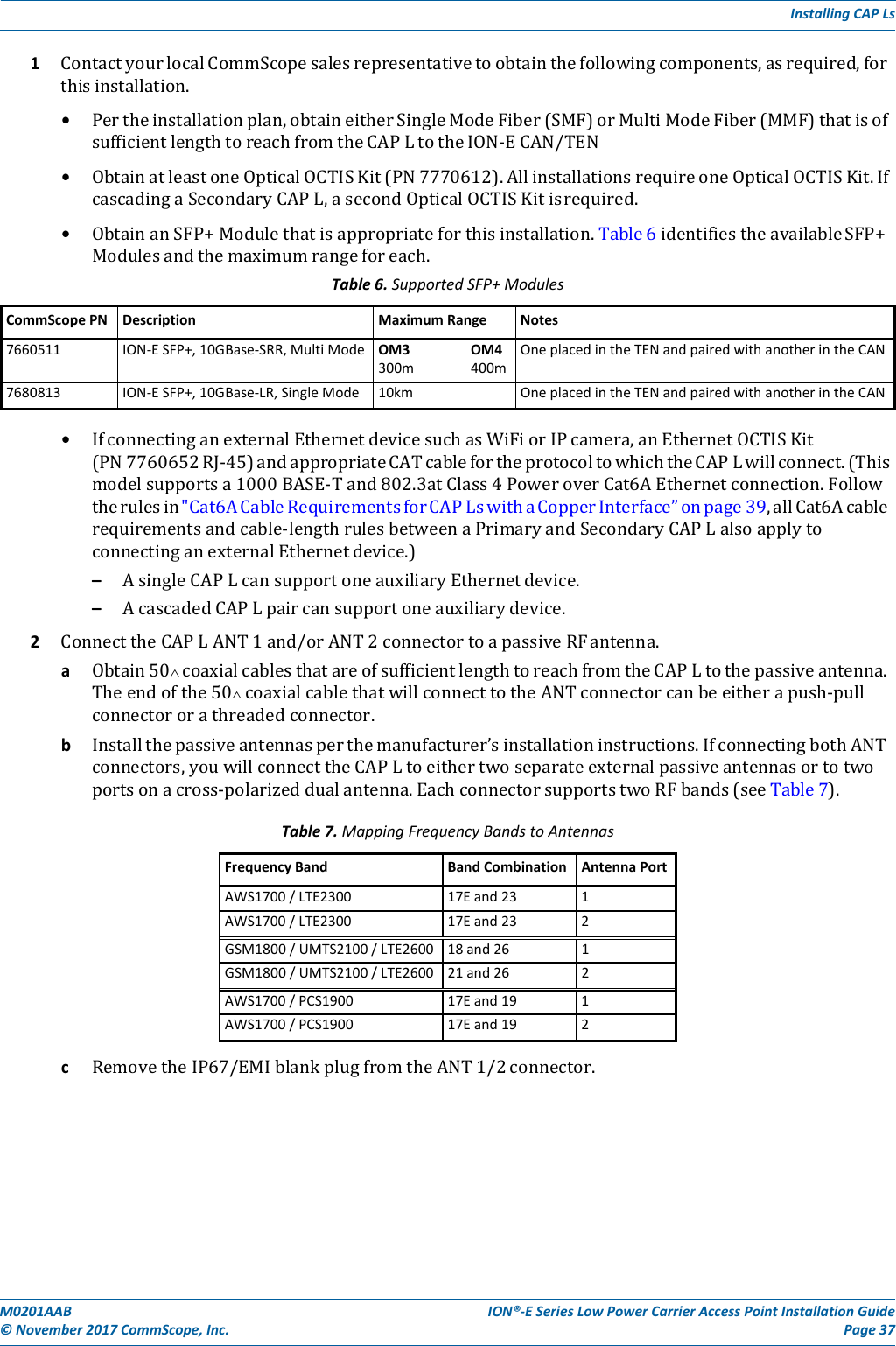 M0201AAB©November2017CommScope,Inc.ION®‐ESeriesLowPowerCarrierAccessPointInstallationGuidePage37InstallingCAPLs1 ContactyourlocalCommScopesalesrepresentativetoobtainthefollowingcomponents,asrequired,forthisinstallation.• Pertheinstallationplan,obtaineitherSingleModeFiber(SMF)orMultiModeFiber(MMF)thatisofsufficientlengthtoreachfromtheCAPLtotheION‐ECAN/TEN• ObtainatleastoneOpticalOCTISKit(PN7770612).AllinstallationsrequireoneOpticalOCTISKit.IfcascadingaSecondaryCAPL,asecondOpticalOCTISKitisrequired.• ObtainanSFP+Modulethatisappropriateforthisinstallation.Table6identifiestheavailableSFP+Modulesandthemaximumrangeforeach.Table6.SupportedSFP+ModulesCommScopePNDescriptionMaximumRangeNotes7660511 ION‐ESFP+,10GBase‐SRR,MultiModeOM3OM4300m400mOneplacedintheTENandpairedwithanotherintheCAN7680813 ION‐ESFP+,10GBase‐LR,SingleMode10kmOneplacedintheTENandpairedwithanotherintheCAN• IfconnectinganexternalEthernetdevicesuchasWiFiorIPcamera,anEthernetOCTISKit(PN7760652RJ‐45)andappropriateCATcablefortheprotocoltowhichtheCAPLwillconnect.(Thismodelsupportsa1000BASE‐Tand802.3atClass4PoweroverCat6AEthernetconnection.Followtherulesin&quot;Cat6ACableRequirementsforCAPLswithaCopperInterface”onpage39,allCat6Acablerequirementsandcable‐lengthrulesbetweenaPrimaryandSecondaryCAPLalsoapplytoconnectinganexternalEthernetdevice.)– AsingleCAPLcansupportoneauxiliaryEthernetdevice.– AcascadedCAPLpaircansupportoneauxiliarydevice.2 ConnecttheCAPLANT1and/orANT2connectortoapassiveRFantenna.a Obtain50 coaxialcablesthatareofsufficientlengthtoreachfromtheCAPLtothepassiveantenna.Theendofthe50 coaxialcablethatwillconnecttotheANTconnectorcanbeeitherapush‐pullconnectororathreadedconnector.b Installthepassiveantennasperthemanufacturer’sinstallationinstructions.IfconnectingbothANTconnectors,youwillconnecttheCAPLtoeithertwoseparateexternalpassiveantennasortotwoportsonacross‐polarizeddualantenna.EachconnectorsupportstwoRFbands(seeTable7).Table7.MappingFrequencyBandstoAntennasFrequencyBandBandCombinationAntennaPortAWS1700/LTE230017Eand231AWS1700/LTE230017Eand232GSM1800/UMTS2100/LTE2600 18 and26 1GSM1800/UMTS2100/LTE2600 21and26 2AWS1700/PCS1900 17Eand19 1AWS1700/PCS190017Eand192c RemovetheIP67/EMIblankplugfromtheANT1/2connector.