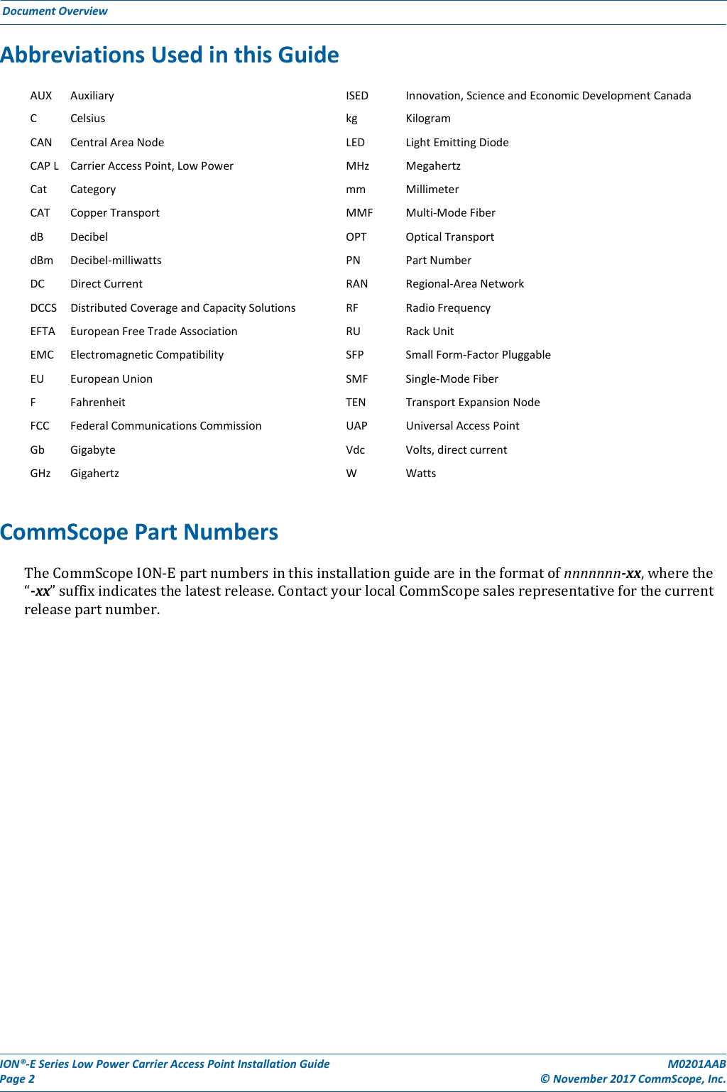 ION®‐ESeriesLowPowerCarrierAccessPointInstallationGuidePage2M0201AAB©November2017CommScope,Inc.DocumentOverviewAbbreviationsUsedinthisGuideAUXAuxiliaryISED Innovation,ScienceandEconomicDevelopmentCanadaCCelsiuskgKilogramCANCentralAreaNodeLEDLightEmittingDiodeCAPLCarrierAccessPoint,LowPowerMHzMegahertzCatCategorymmMillimeterCATCopperTransportMMFMulti‐ModeFiberdBDecibelOPTOpticalTransportdBmDecibel‐milliwattsPNPartNumberDCDirectCurrentRANRegional‐AreaNetworkDCCSDistributedCoverageandCapacitySolutionsRFRadioFrequencyEFTAEuropeanFreeTradeAssociationRURackUnitEMCElectromagneticCompatibilitySFPSmallForm‐FactorPluggableEUEuropeanUnionSMFSingle‐ModeFiberFFahrenheitTENTransportExpansionNodeFCCFederalCommunicationsCommissionUAPUniversalAccessPointGbGigabyteVdcVolts,directcurrentGHzGigahertzWWattsCommScopePartNumbersTheCommScopeION‐Epartnumbersinthisinstallationguideareintheformatofnnnnnnn‐xx,wherethe“‐xx”suffixindicatesthelatestrelease.ContactyourlocalCommScopesalesrepresentativeforthecurrentreleasepartnumber.