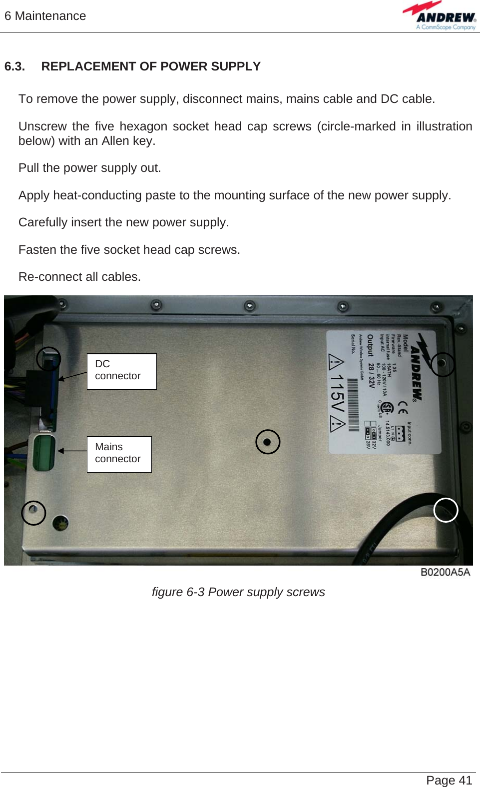 6 Maintenance   Page 416.3.  REPLACEMENT OF POWER SUPPLY     To remove the power supply, disconnect mains, mains cable and DC cable.     Unscrew the five hexagon socket head cap screws (circle-marked in illustration below) with an Allen key.     Pull the power supply out.     Apply heat-conducting paste to the mounting surface of the new power supply.     Carefully insert the new power supply.     Fasten the five socket head cap screws.     Re-connect all cables. figure 6-3 Power supply screws Mains connector DC connector   